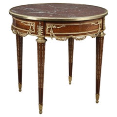 Louis XVI marquetry and gilt bronze pedestal table with marble top