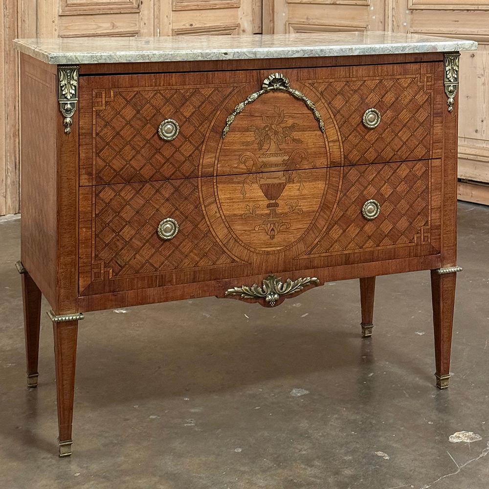 Dutch Louis XVI Marquetry Marble Top Commode with Bronze Mounts For Sale