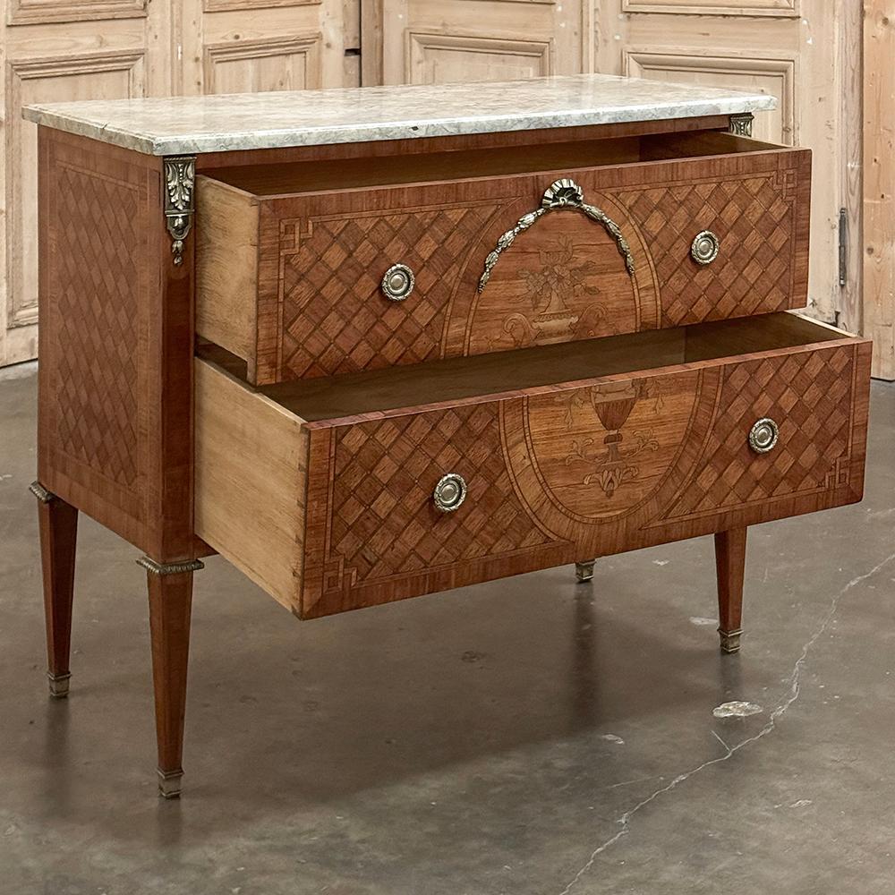 Hand-Crafted Louis XVI Marquetry Marble Top Commode with Bronze Mounts For Sale