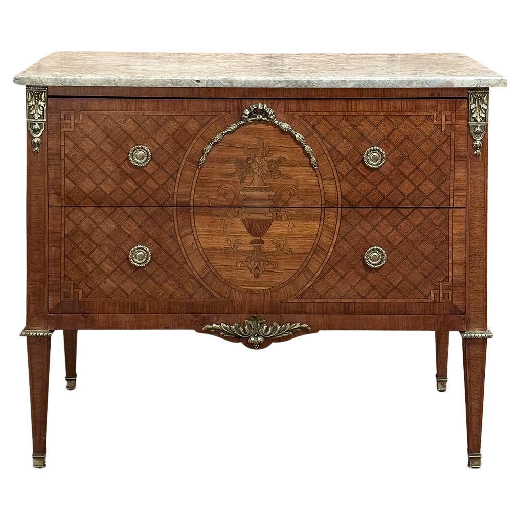 Louis XVI Marquetry Marble Top Commode with Bronze Mounts For Sale