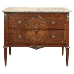 Vintage Louis XVI Marquetry Marble Top Commode with Bronze Mounts