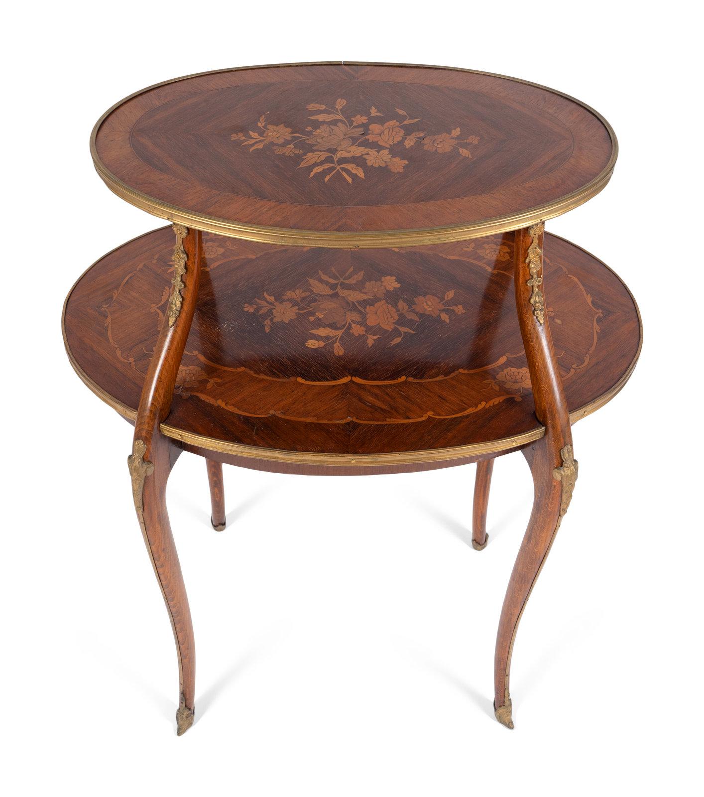 Louis XVI Marquetry Two Tier Side Table with Gilt Bronze Mounts, 20th Century In Good Condition For Sale In Savannah, GA