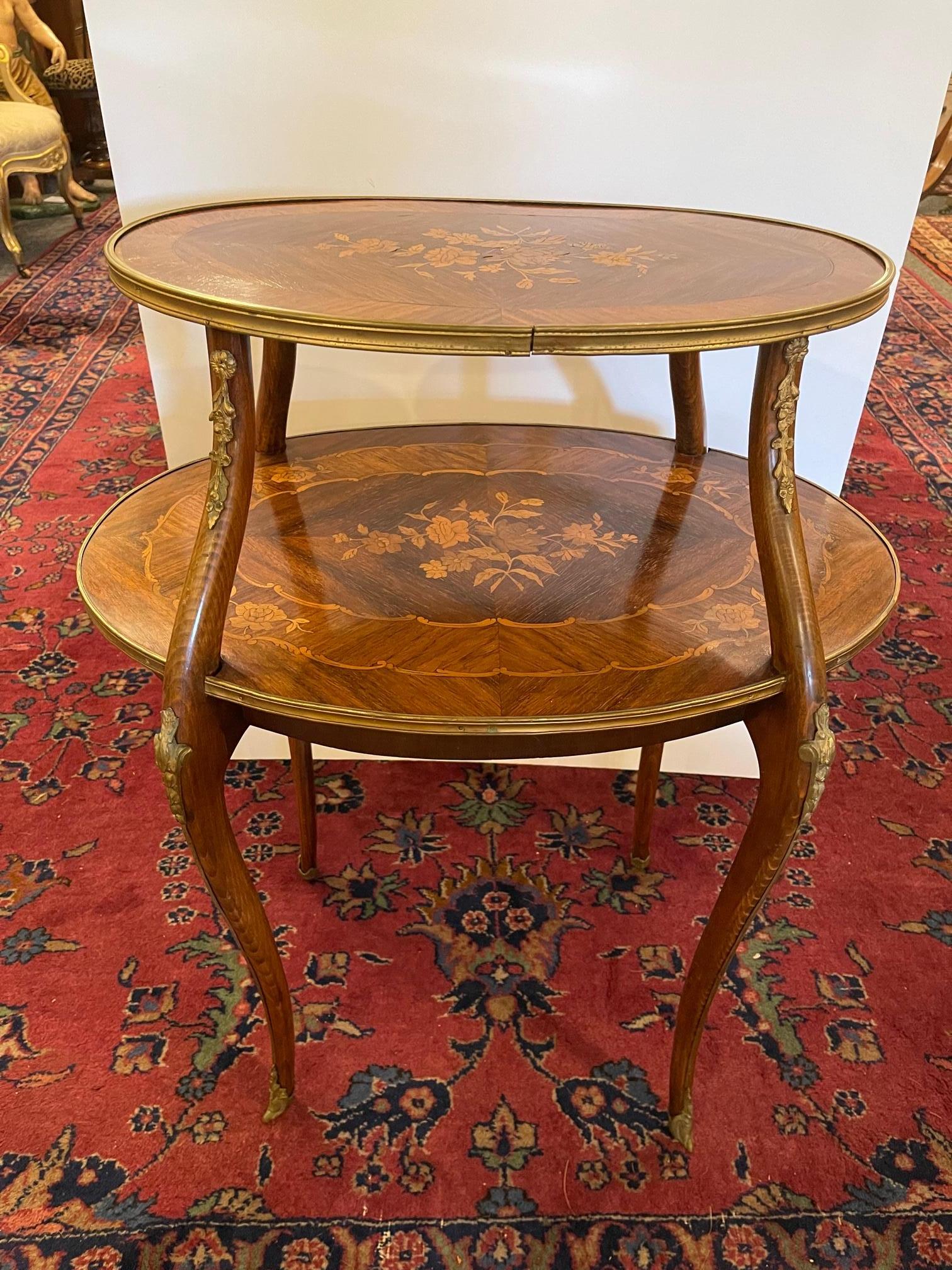 Mahogany Louis XVI Marquetry Two Tier Side Table with Gilt Bronze Mounts, 20th Century For Sale