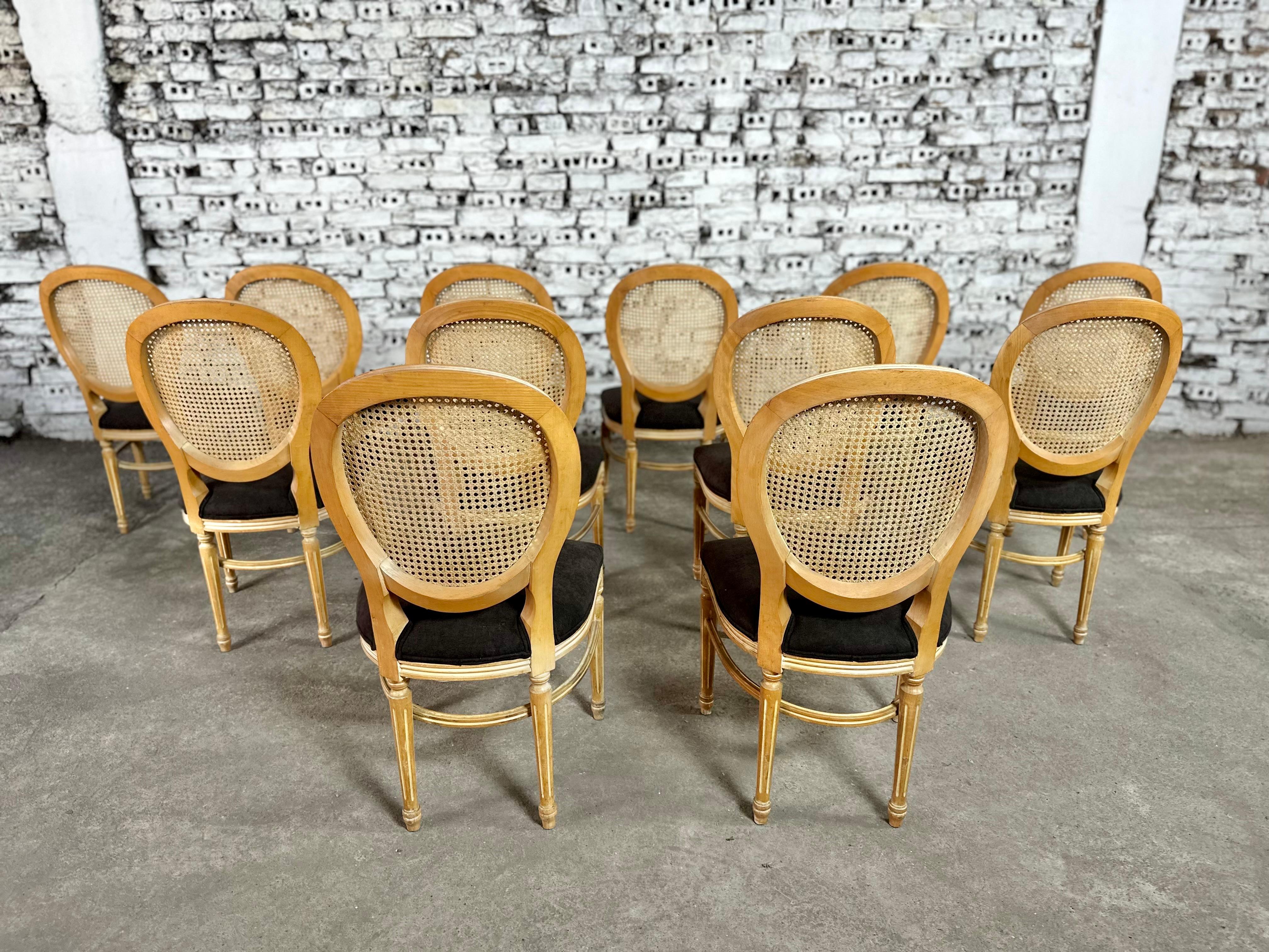 Louis XVI Medallion Cane Back Dining Chairs, Reupholstered - Set of 12 6