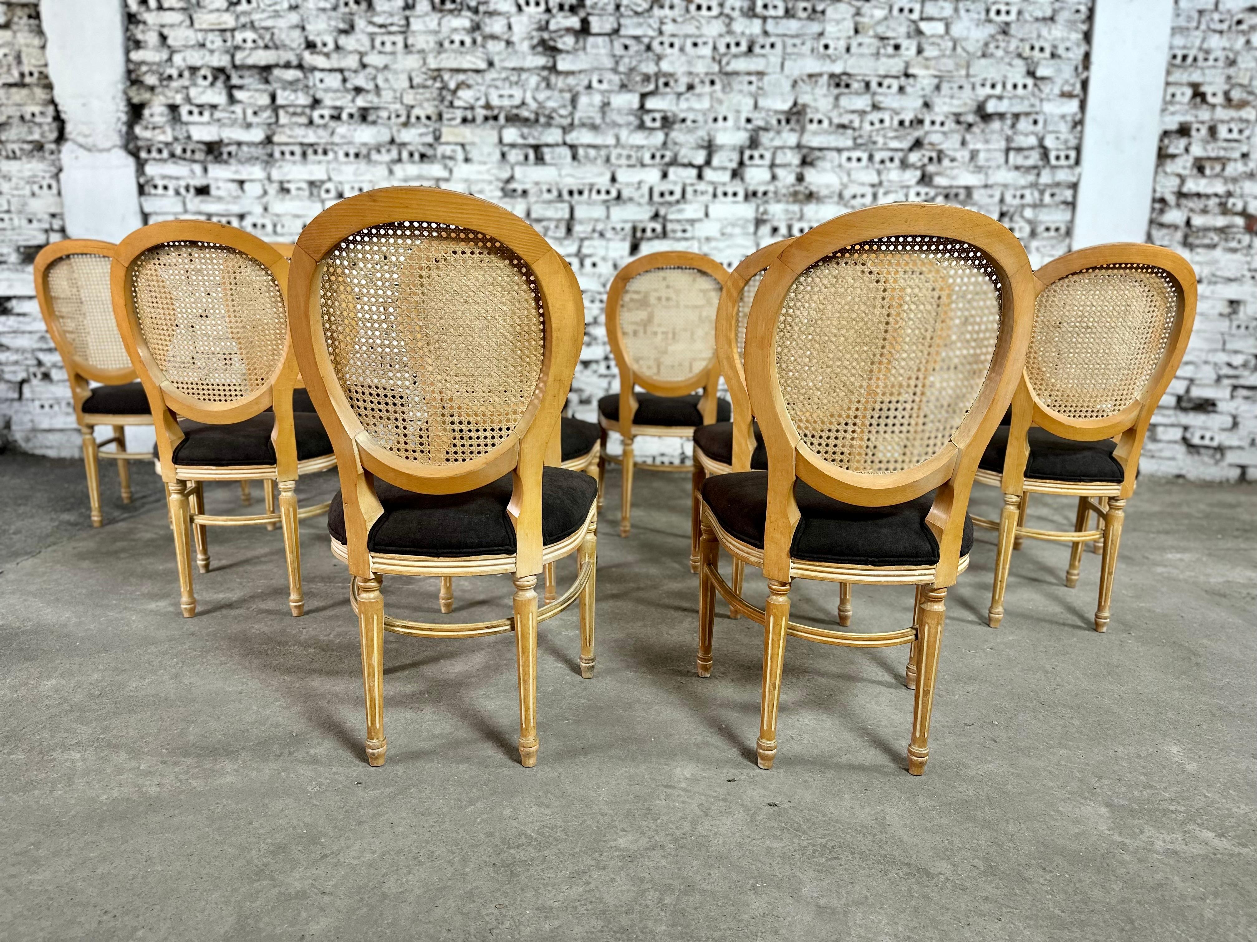 Louis XVI Medallion Cane Back Dining Chairs, Reupholstered - Set of 12 7