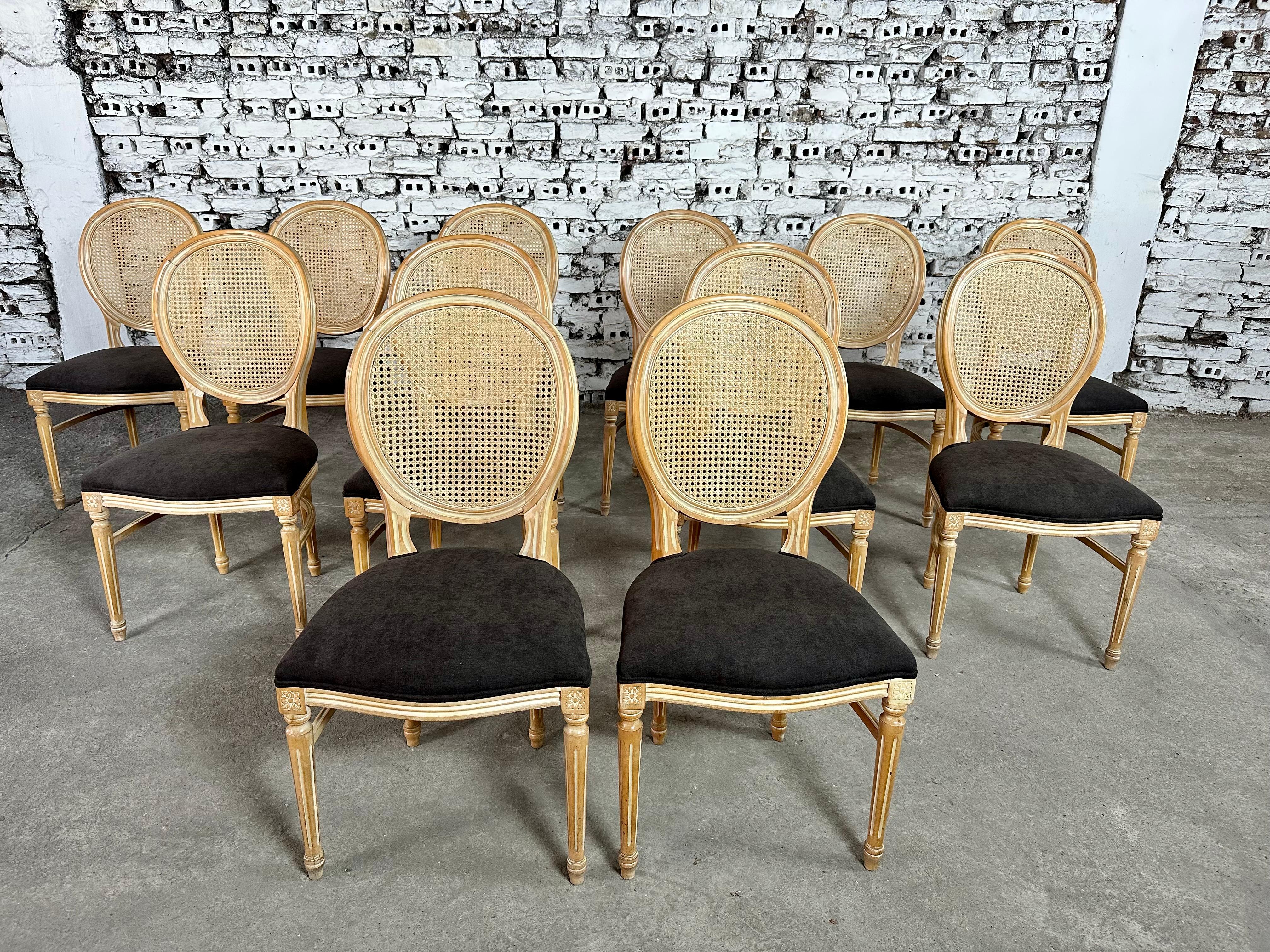 French Louis XVI Medallion Cane Back Dining Chairs, Reupholstered - Set of 12