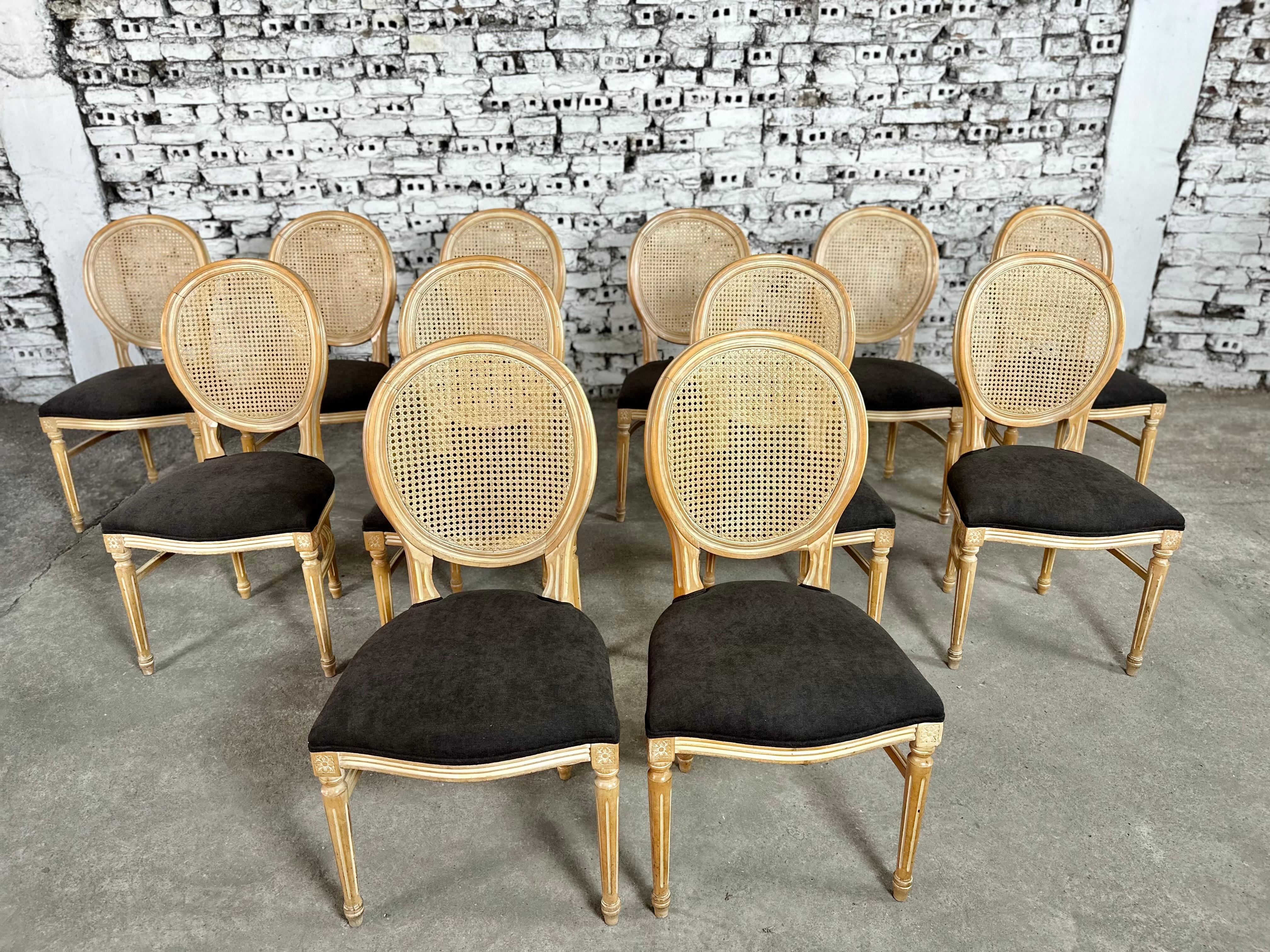 20th Century Louis XVI Medallion Cane Back Dining Chairs, Reupholstered - Set of 12