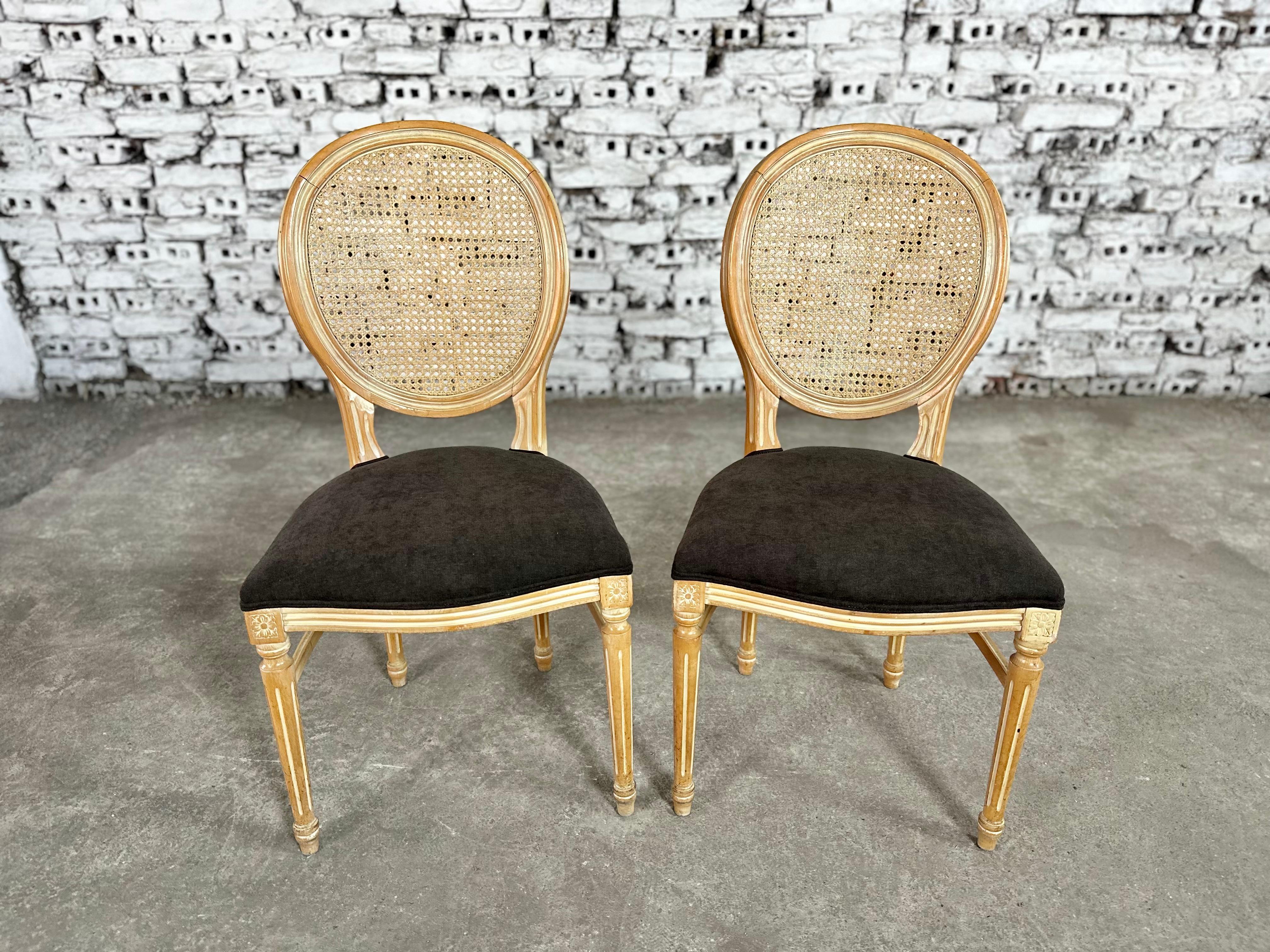 Upholstery Louis XVI Medallion Cane Back Dining Chairs, Reupholstered - Set of 12