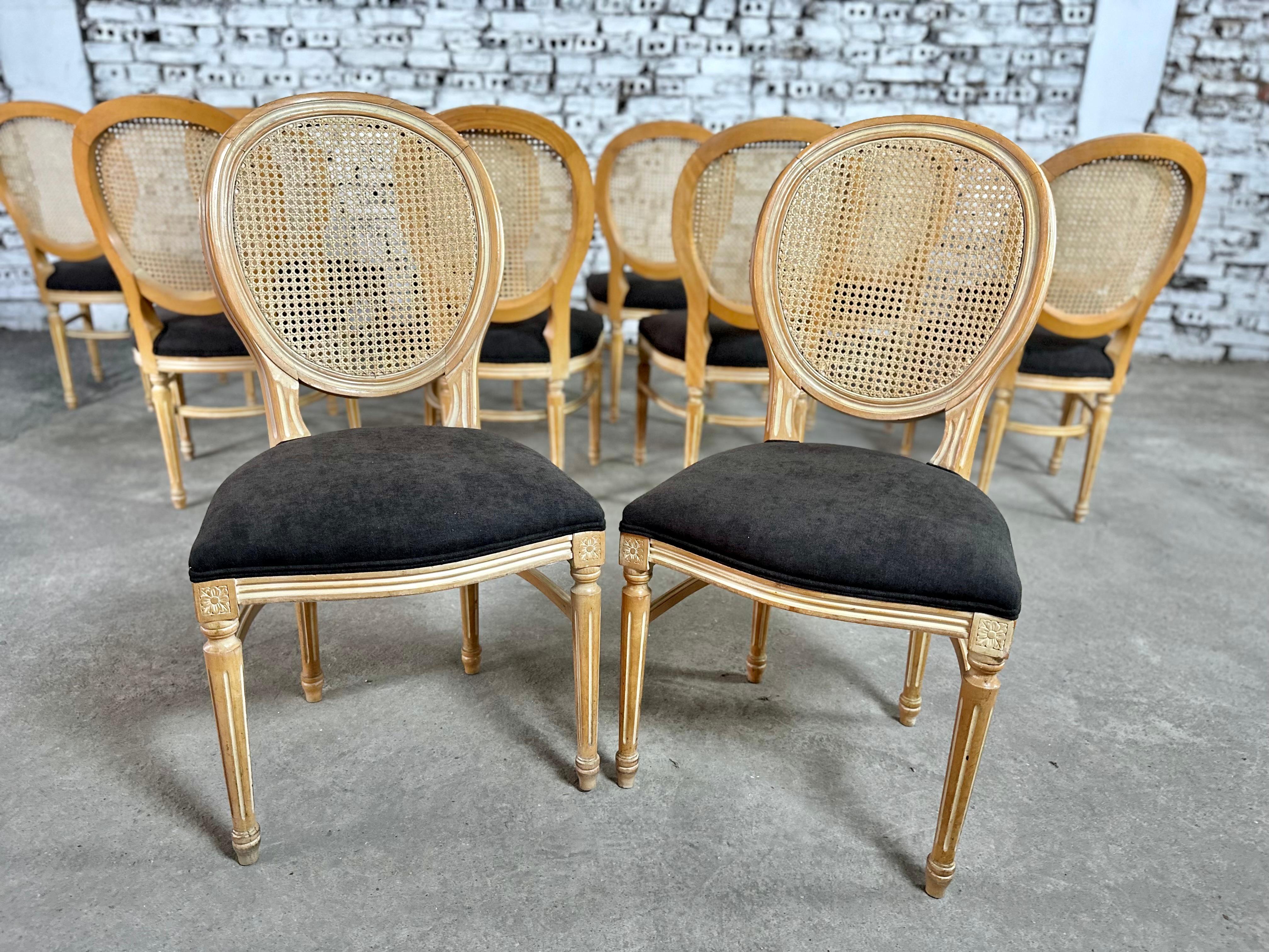 Louis XVI Medallion Cane Back Dining Chairs, Reupholstered - Set of 12 1
