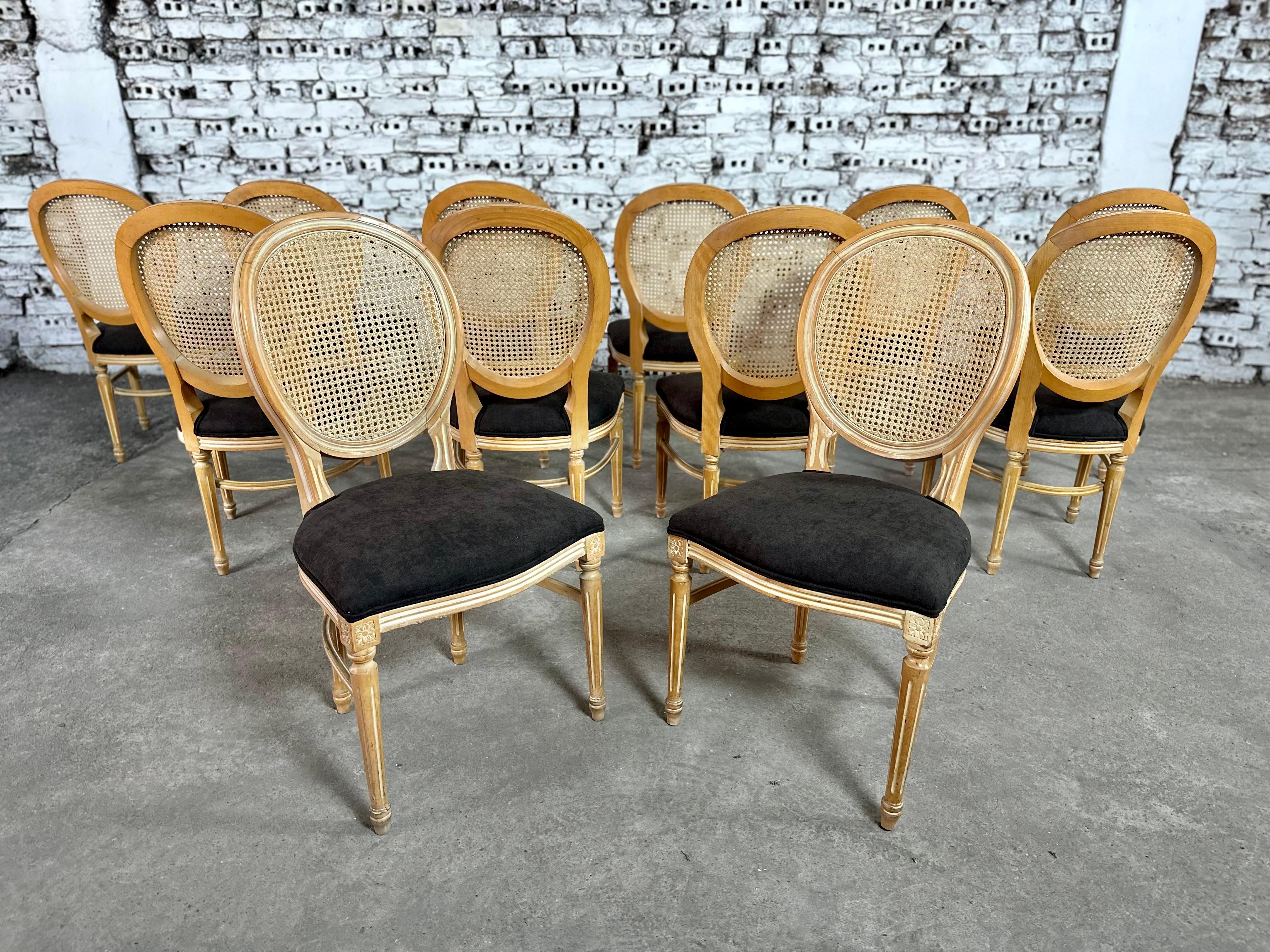 Louis XVI Medallion Cane Back Dining Chairs, Reupholstered - Set of 12 2