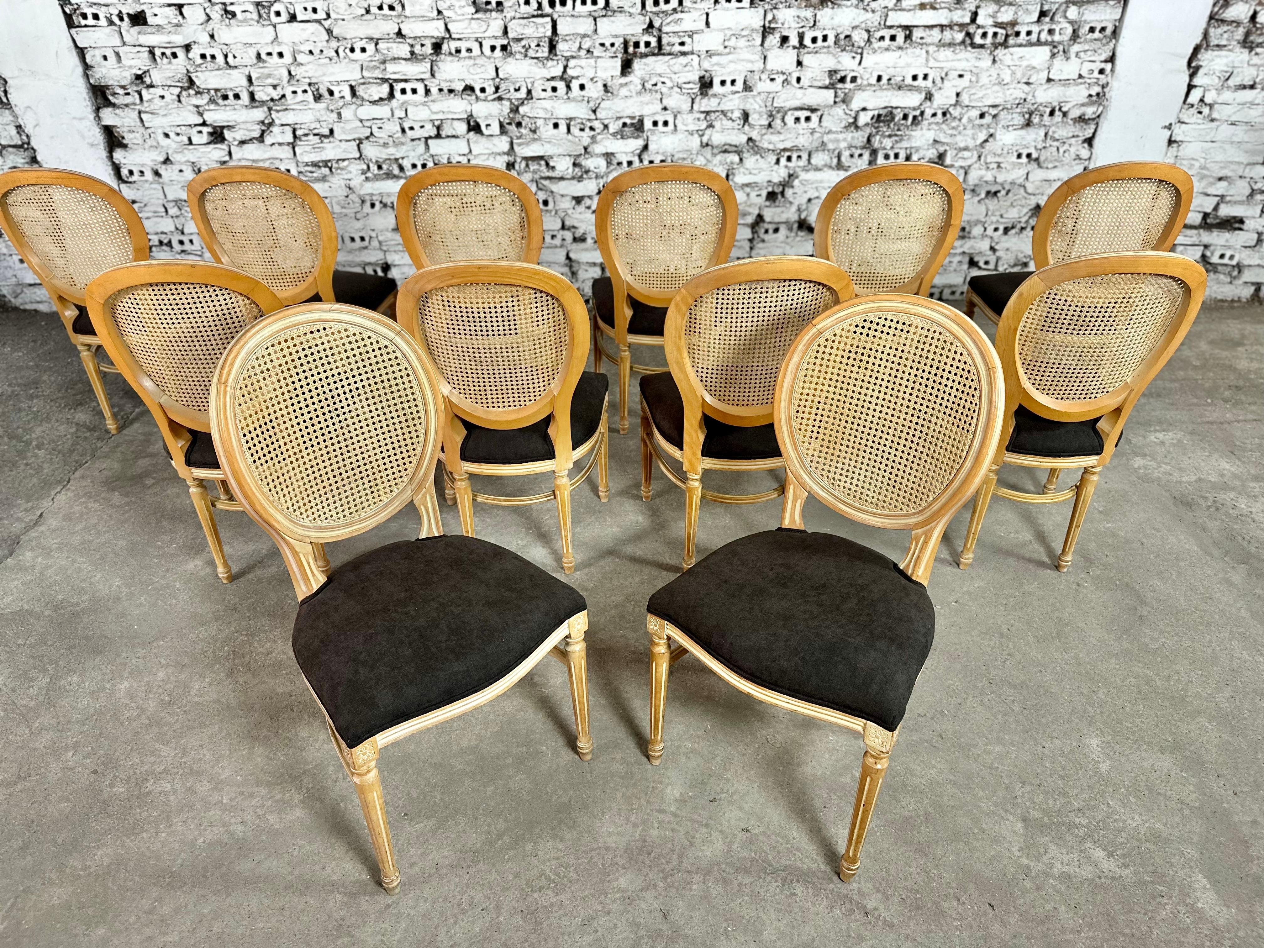 Louis XVI Medallion Cane Back Dining Chairs, Reupholstered - Set of 12 3