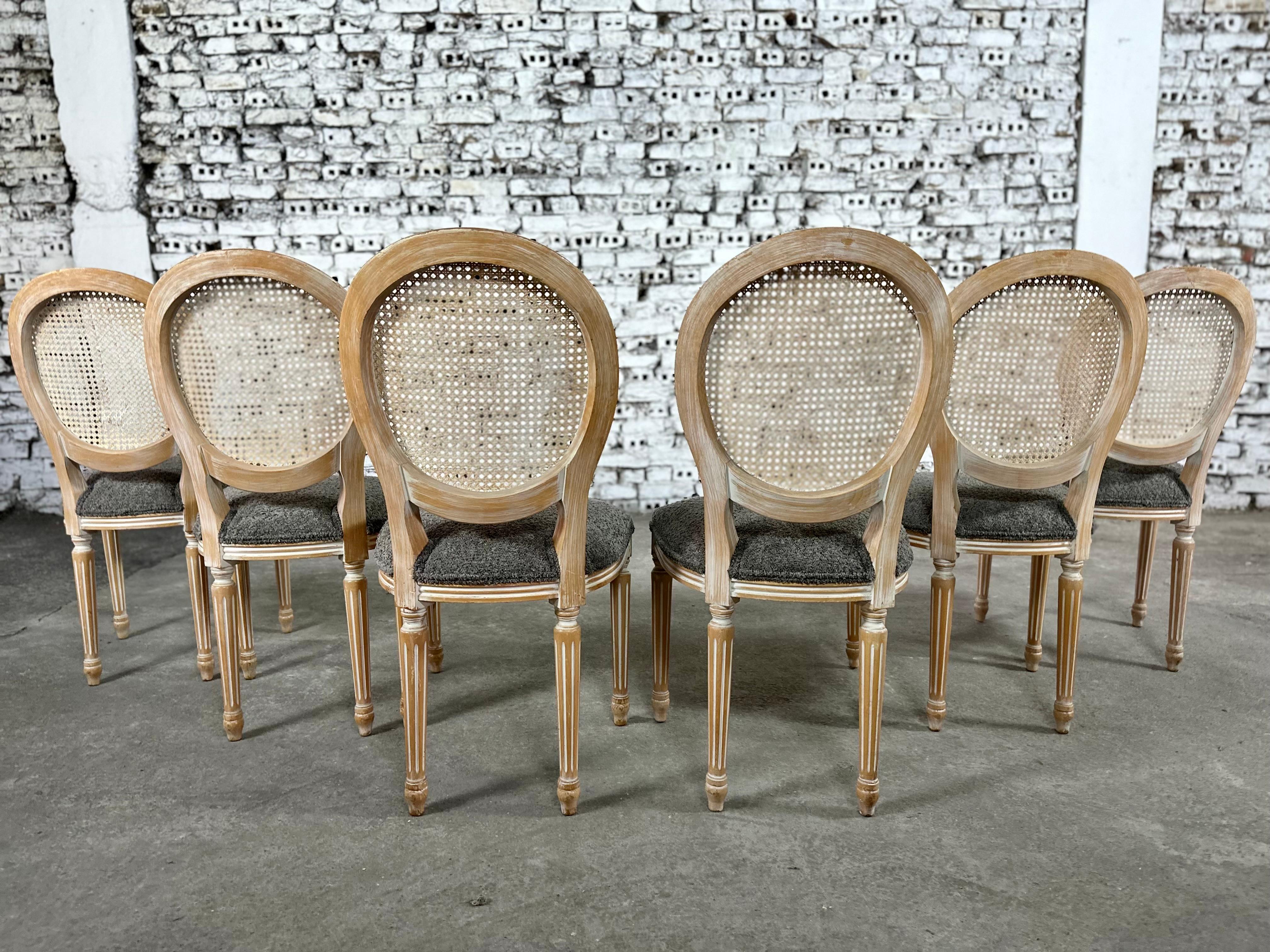 Louis XVI Medallion Cane Back Dining Chairs, Reupholstered - Set of 6 For Sale 11