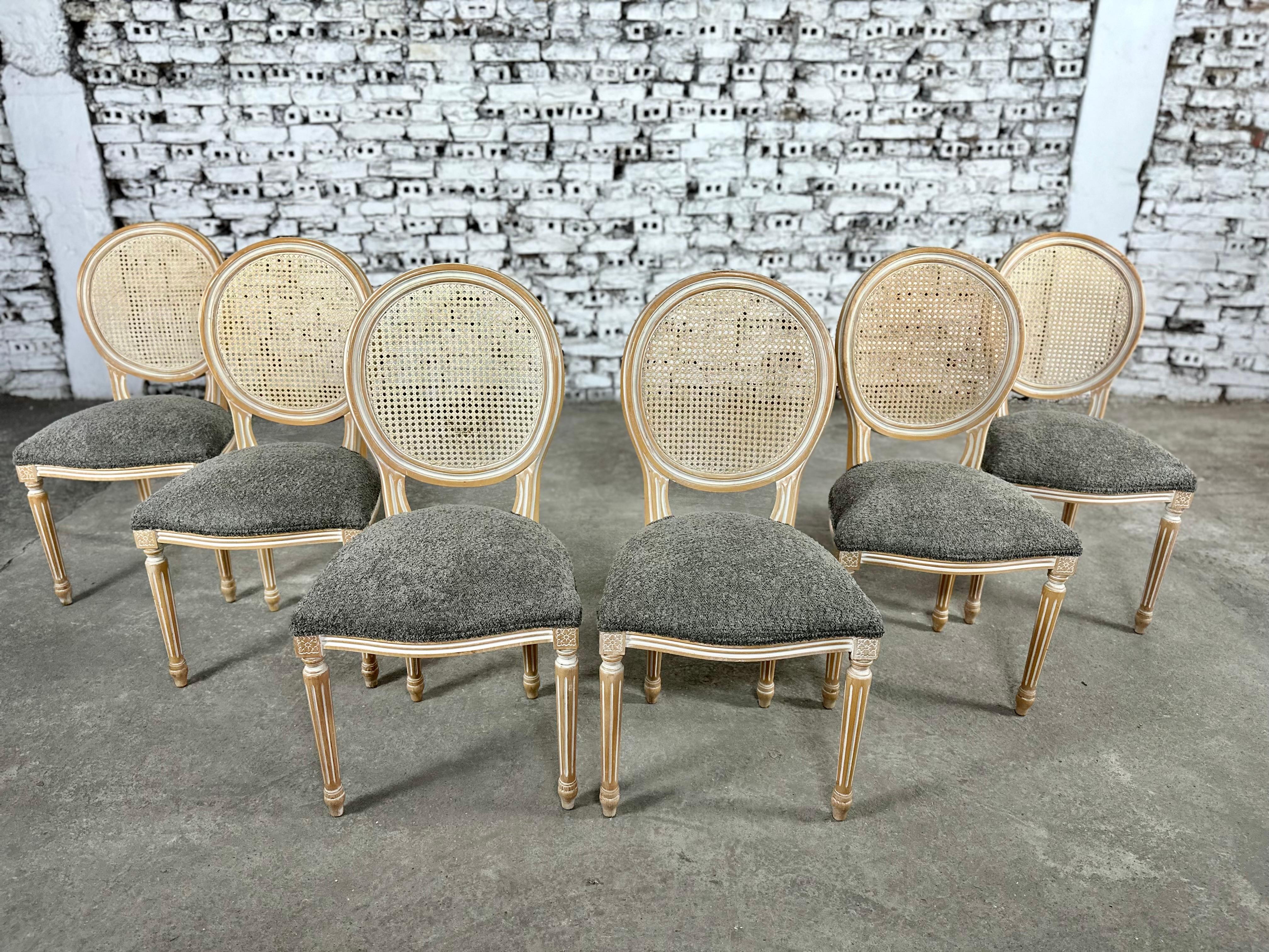 Louis XVI Medallion Cane Back Dining Chairs, Reupholstered - Set of 6 In Good Condition In Bridgeport, CT