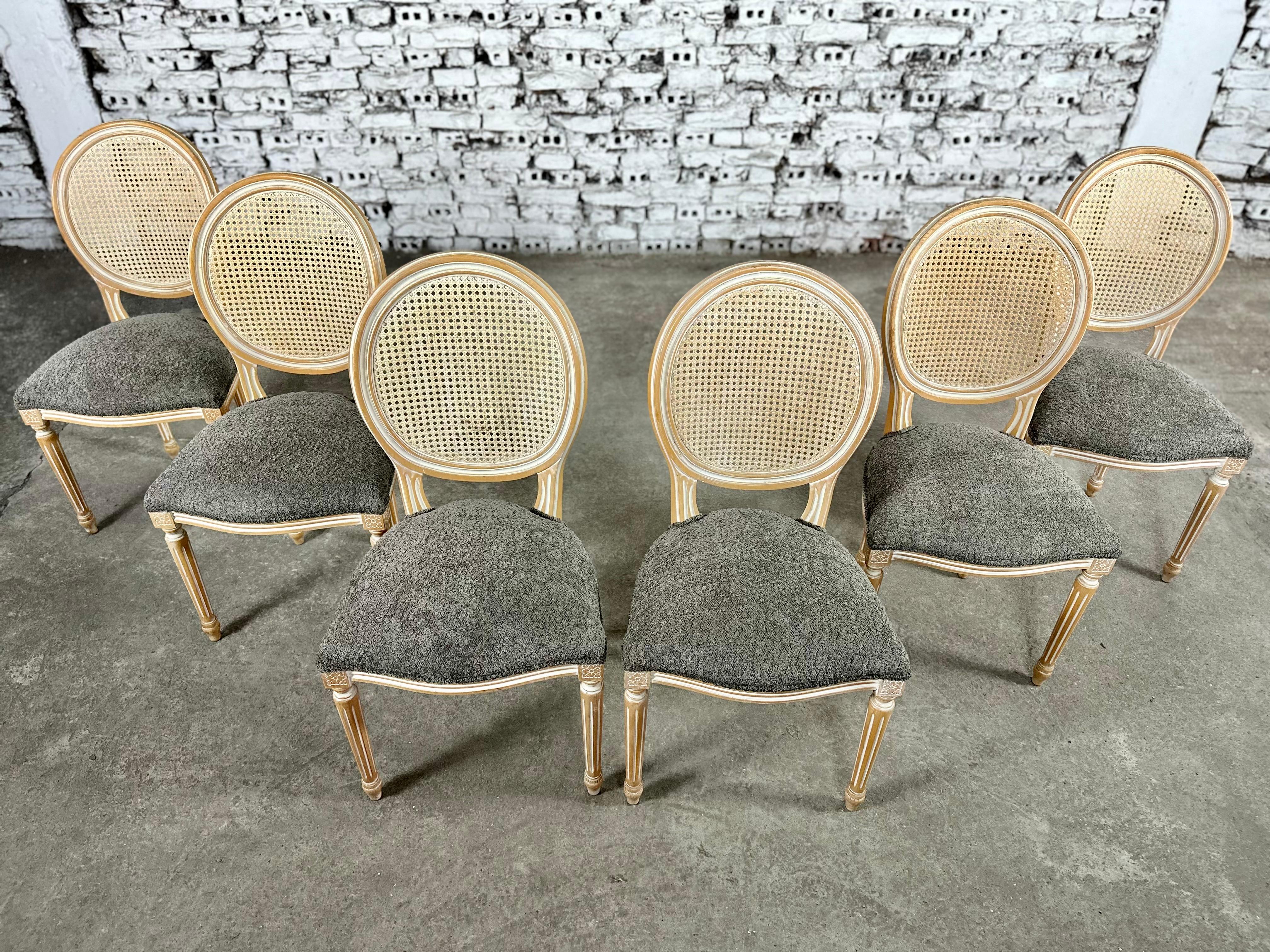 Upholstery Louis XVI Medallion Cane Back Dining Chairs, Reupholstered - Set of 6 For Sale