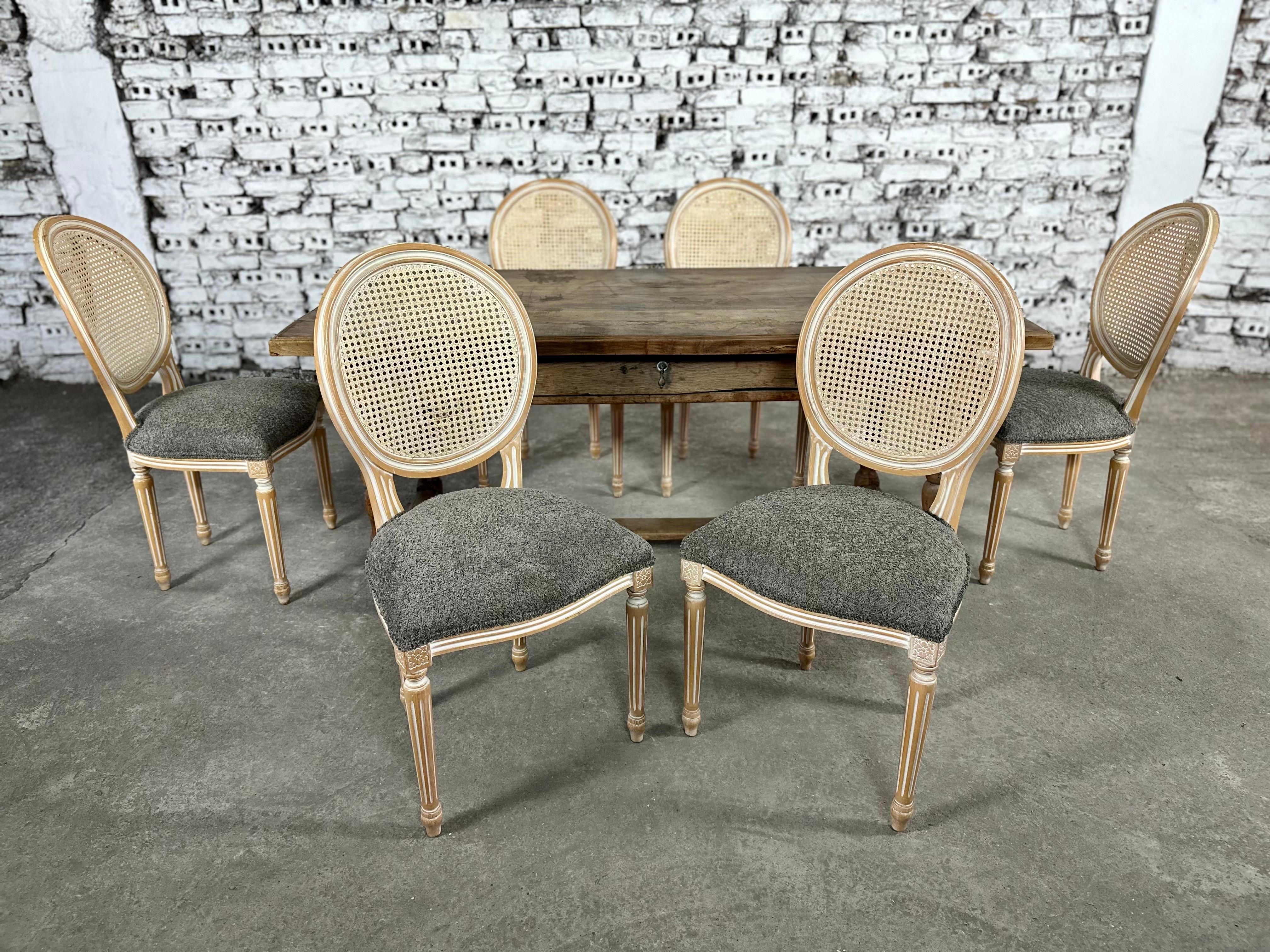 Louis XVI Medallion Cane Back Dining Chairs, Reupholstered - Set of 6 For Sale 3