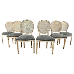 Used Louis XVI Medallion Cane Back Dining Chairs, Reupholstered - Set of 6