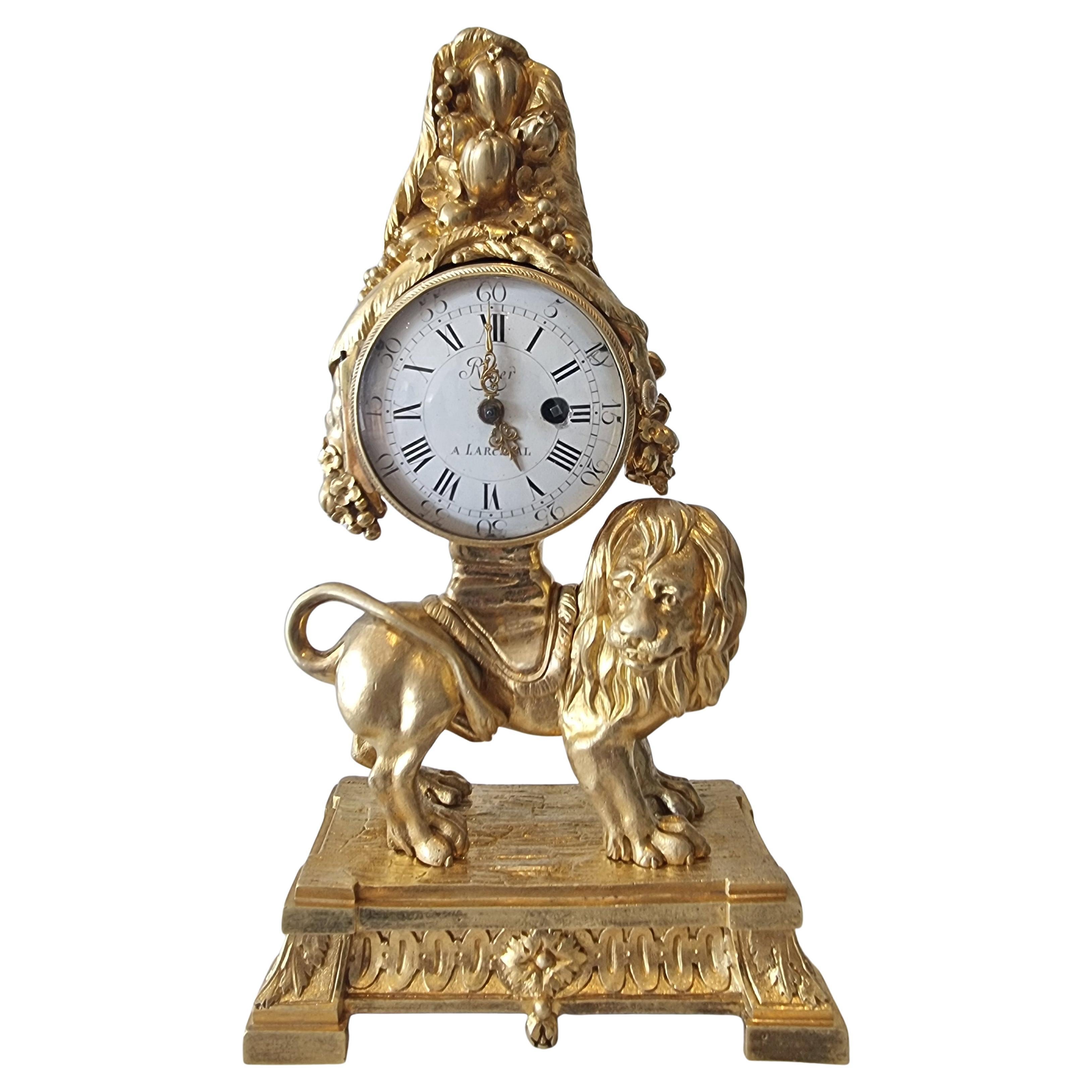 Louis XVI Miniature Ormolu  Mantle Clock of a Lion by Philippe Pajot