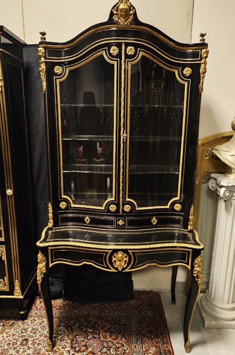 Gilt Louis XVI Napoleon III French Black Gold Bronze Desk Secretary Cabinet 19th Cent For Sale