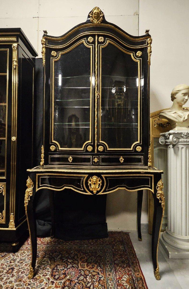 Louis XVI Napoleon III French Black Gold Bronze Desk Secretary Cabinet 19th Cent In Good Condition For Sale In Paris, FR