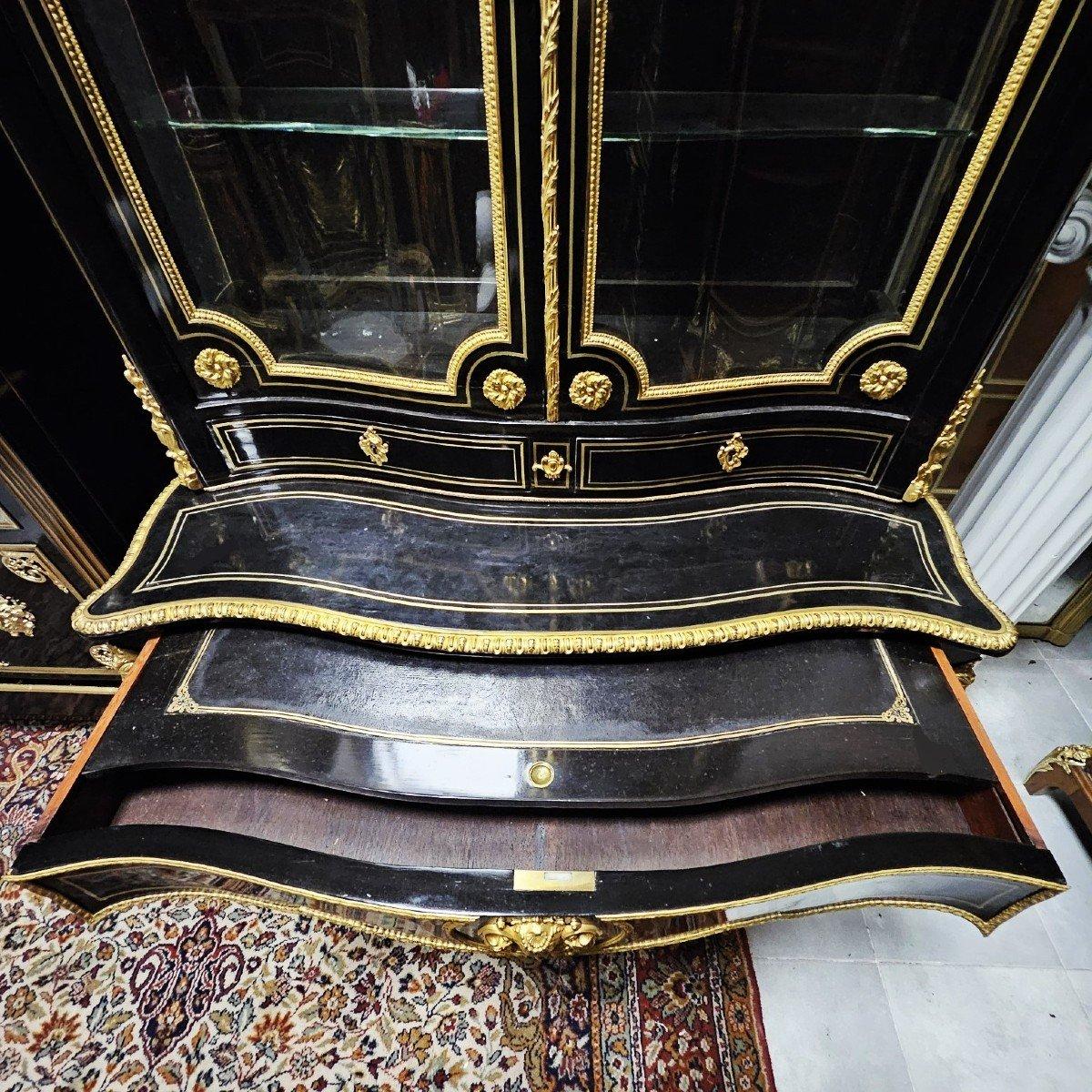 Louis XVI Napoléon III Français Bronze Noir Or Bureau Secrétaire Cabinet 19ème siècle en vente 1