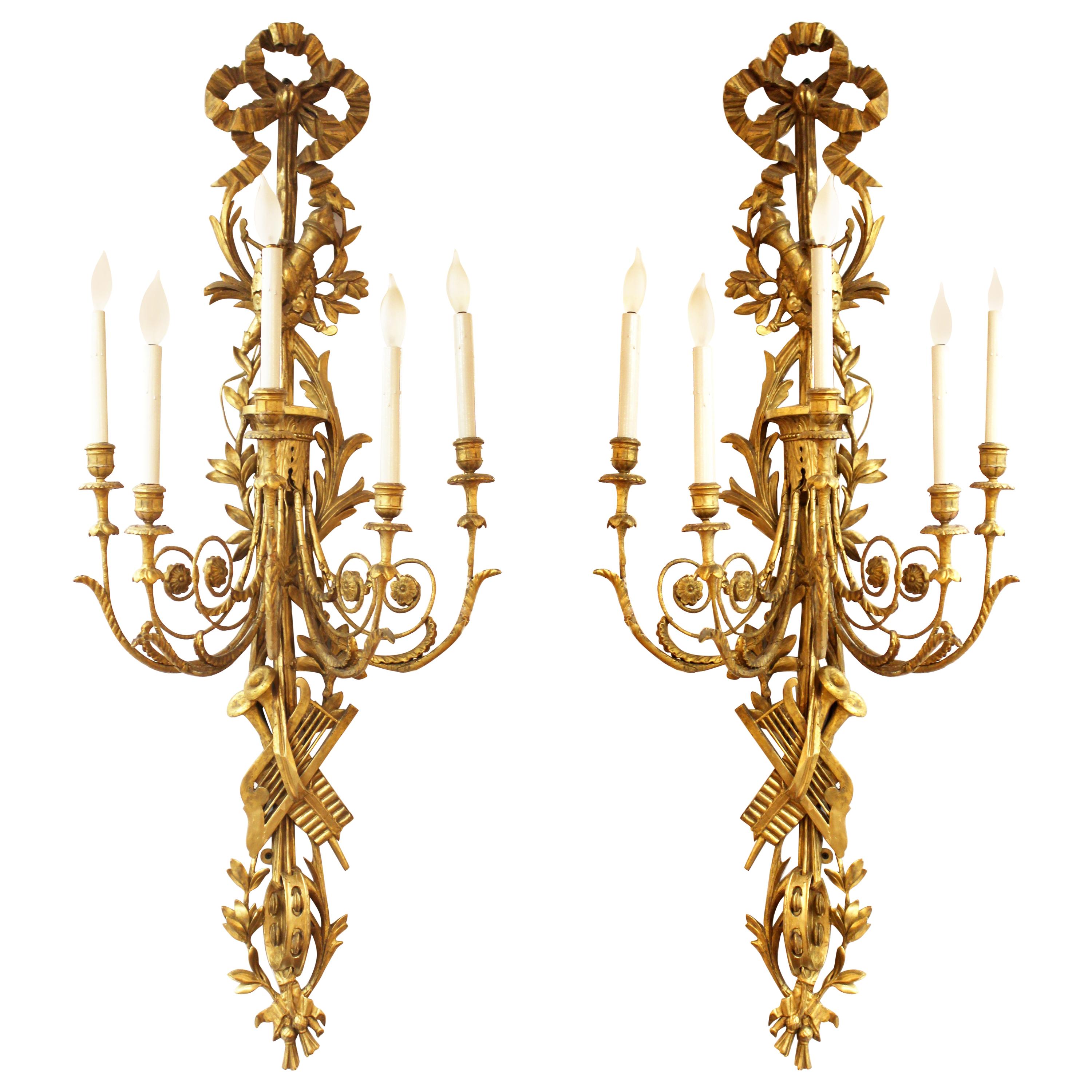 Louis XVI Neoclassical Monumental Carved Giltwood Wall Sconces with Trophies