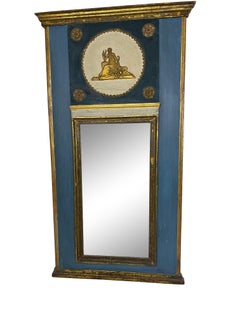 Louis XVI Neoclassical Trumeau Mirror Blue Painted Mirror with Gilt Medallion