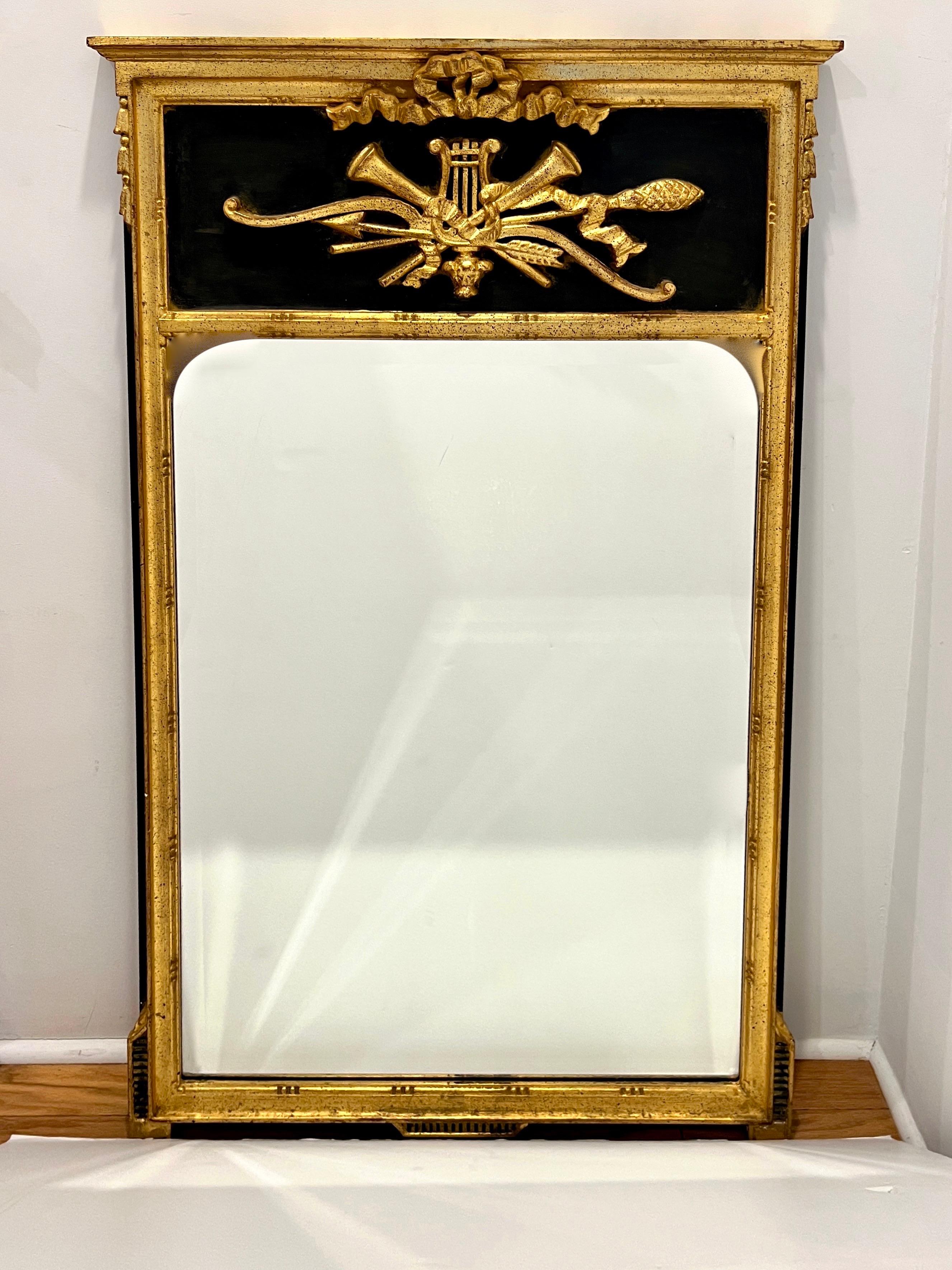 Italian Louis XVI Neoclassical Trumeau Mirror with Giltwood and Black Frame