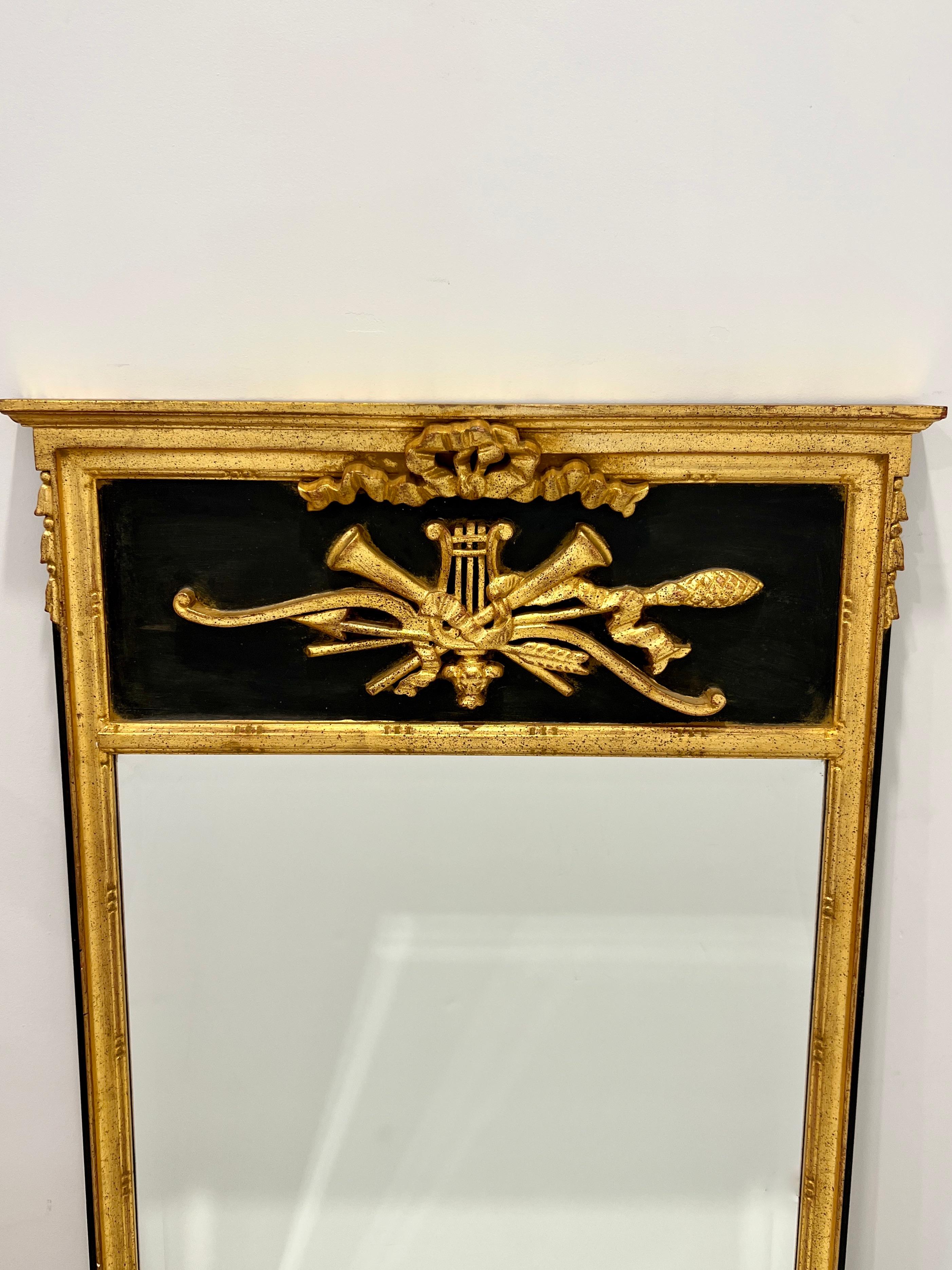 Beveled Louis XVI Neoclassical Trumeau Mirror with Giltwood and Black Frame
