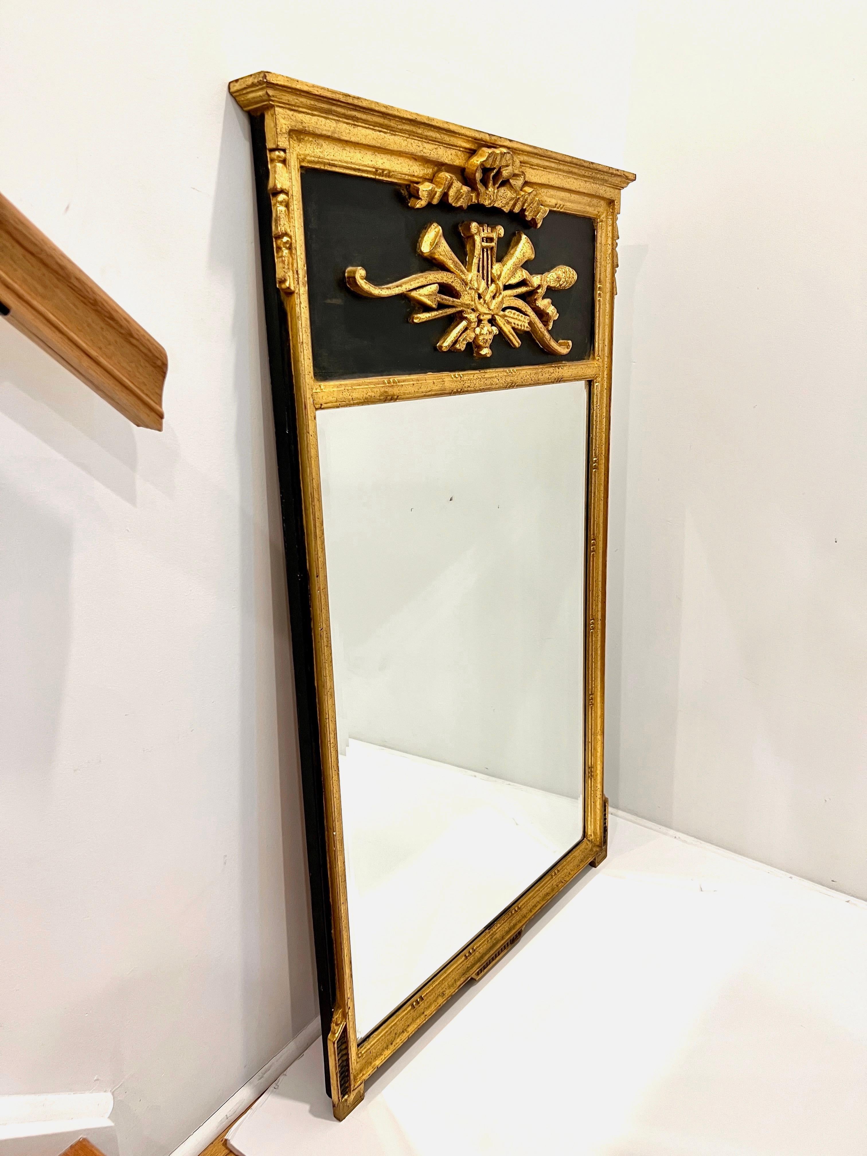 Louis XVI Neoclassical Trumeau Mirror with Giltwood and Black Frame 1