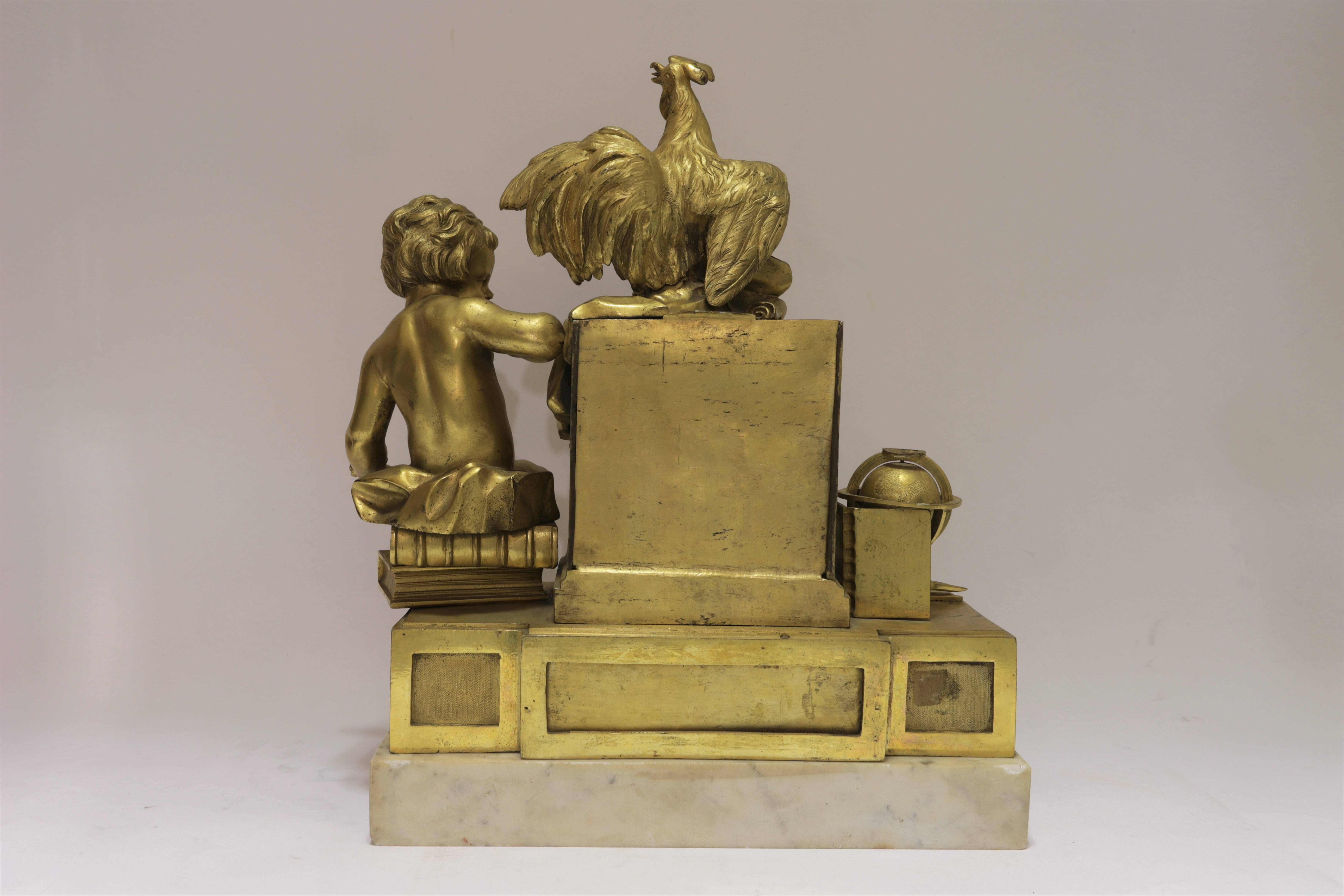 Louis XVI ormolu and marble figural mantel clock 
Roger Vandercruse Lacroix, Paris, circa 1800 
Having a convex black Roman and Arabic numeral dial, inscribed VanderCruse/ L. J. N. A Paris; the two-train silk suspended movement striking a bell on