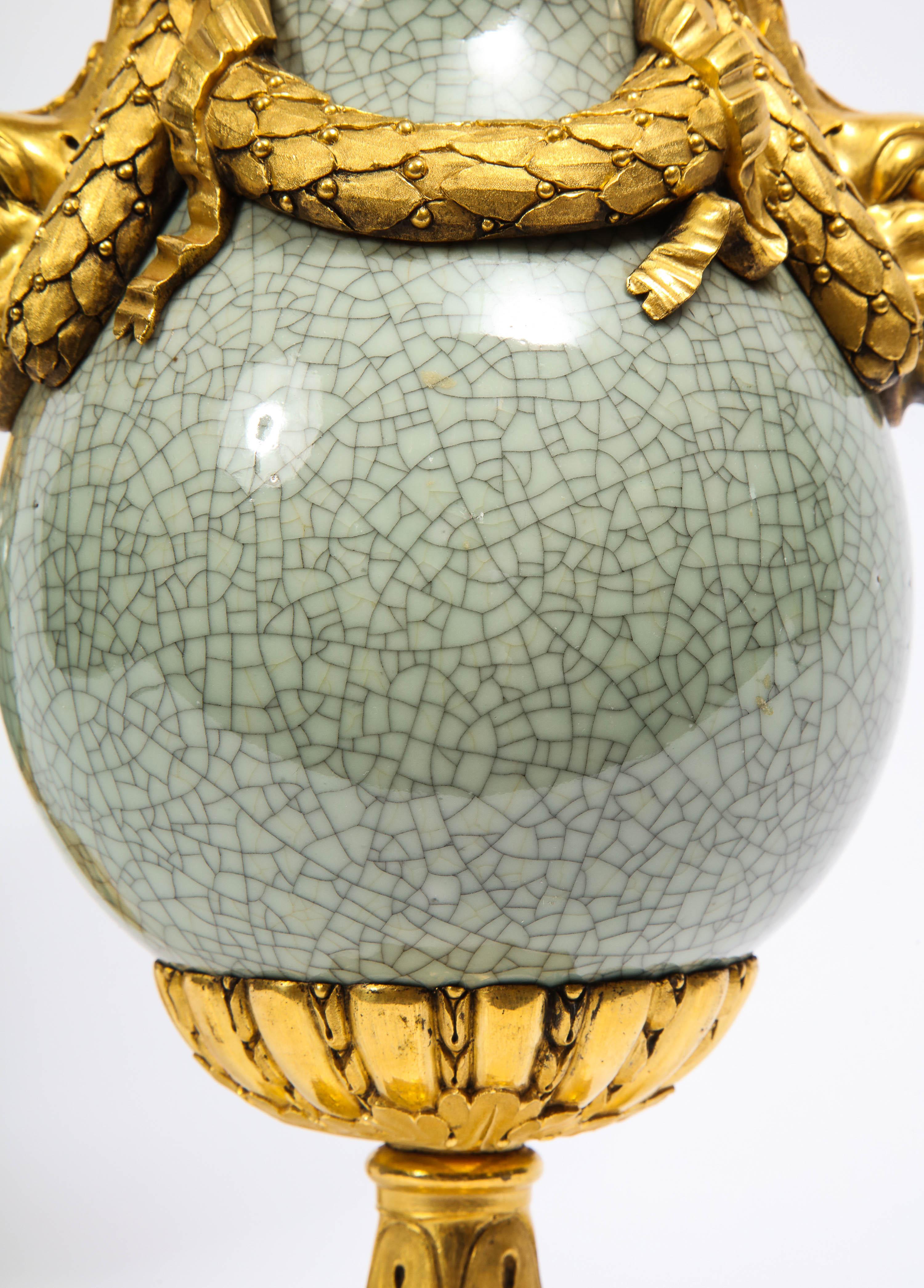 Louis XVI Ormolu-Mounted Chinese Celadon Crackle Vases with Dolphin Handles For Sale 2