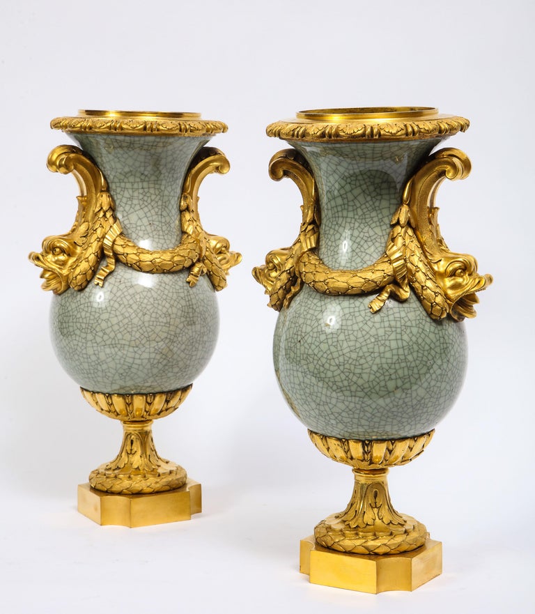 Louis XVI OrmoluMounted Chinese Celadon Crackle Vases with Dolphin