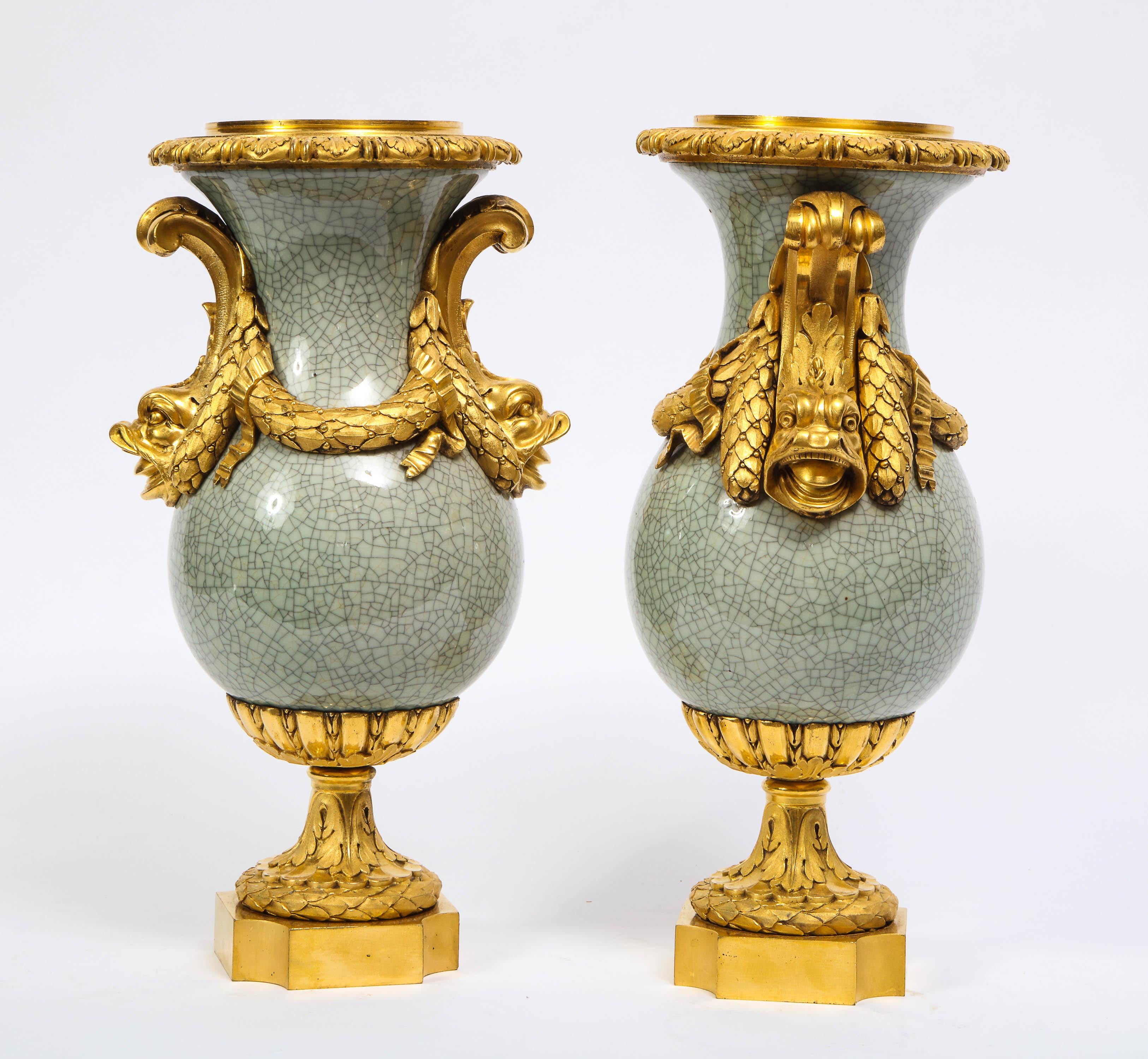 French Louis XVI Ormolu-Mounted Chinese Celadon Crackle Vases with Dolphin Handles For Sale