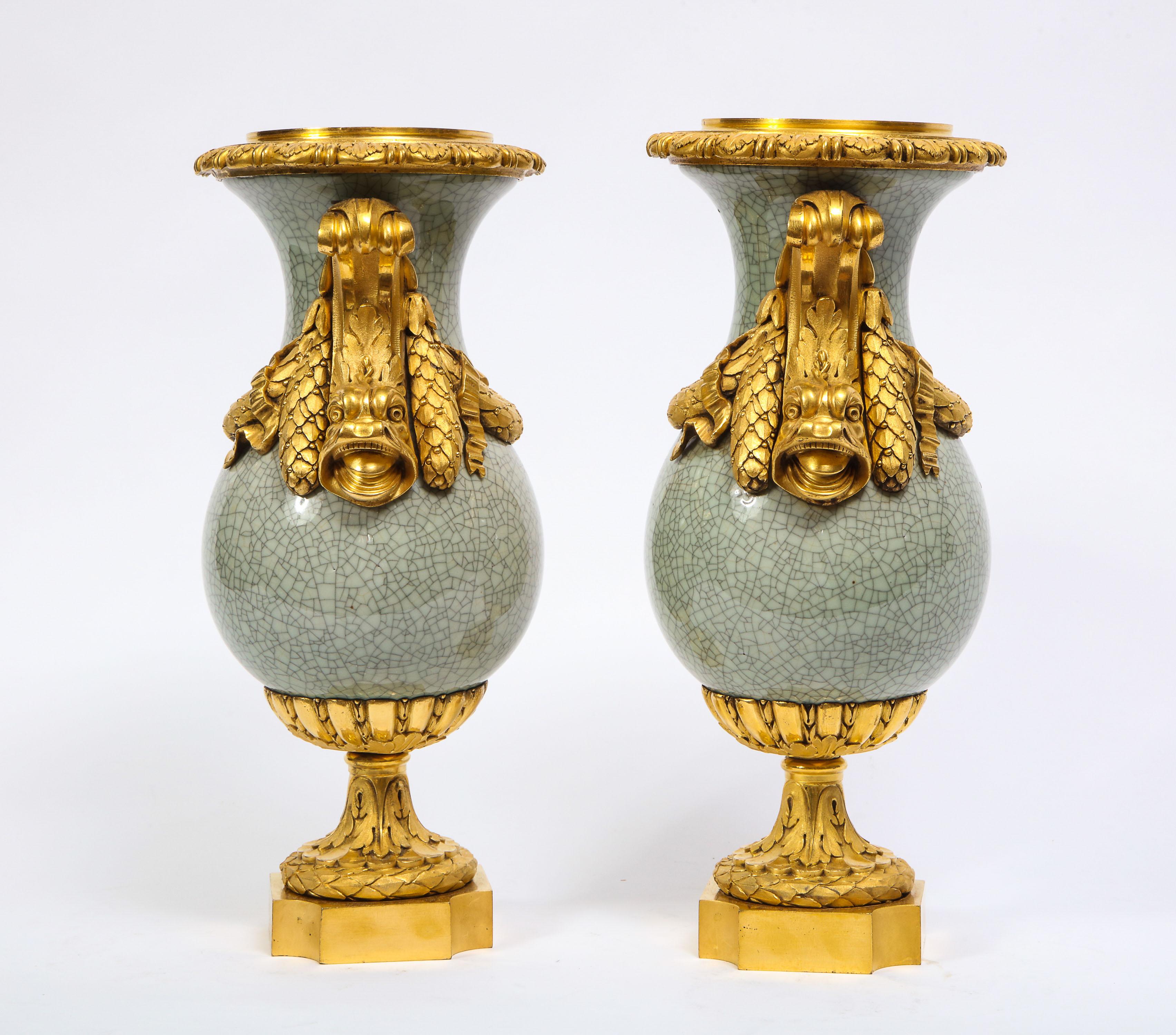 Hand-Painted Louis XVI Ormolu-Mounted Chinese Celadon Crackle Vases with Dolphin Handles For Sale