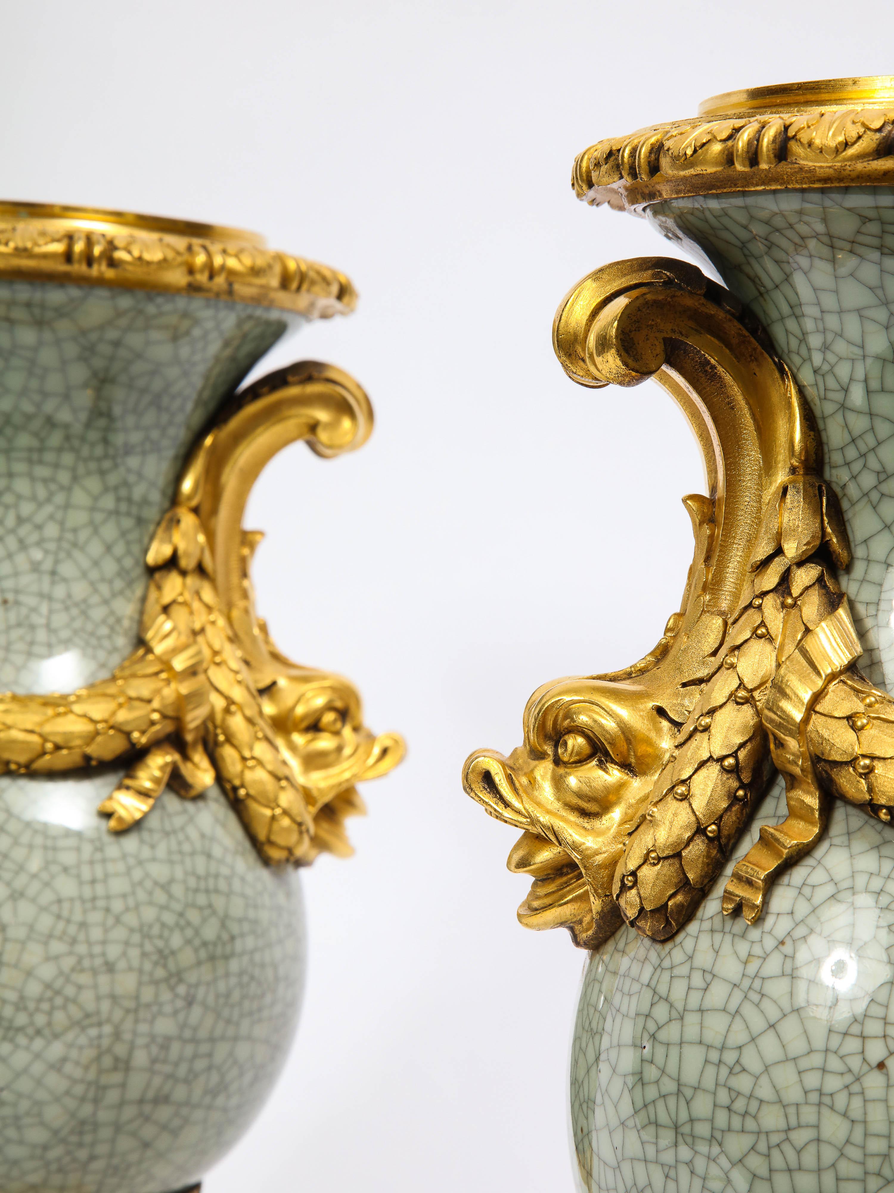 Louis XVI Ormolu-Mounted Chinese Celadon Crackle Vases with Dolphin Handles In Good Condition For Sale In New York, NY