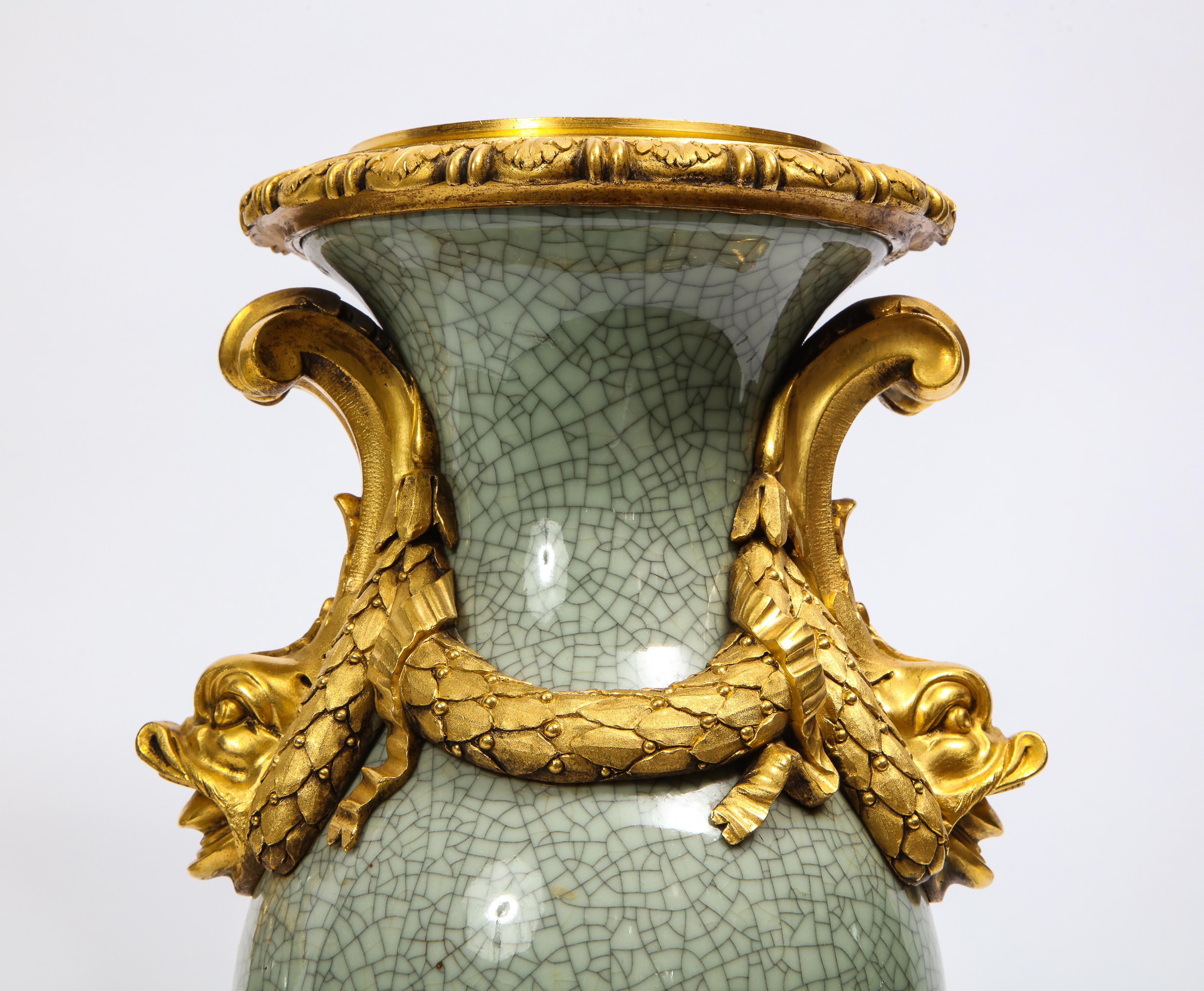 Mid-19th Century Louis XVI Ormolu-Mounted Chinese Celadon Crackle Vases with Dolphin Handles For Sale