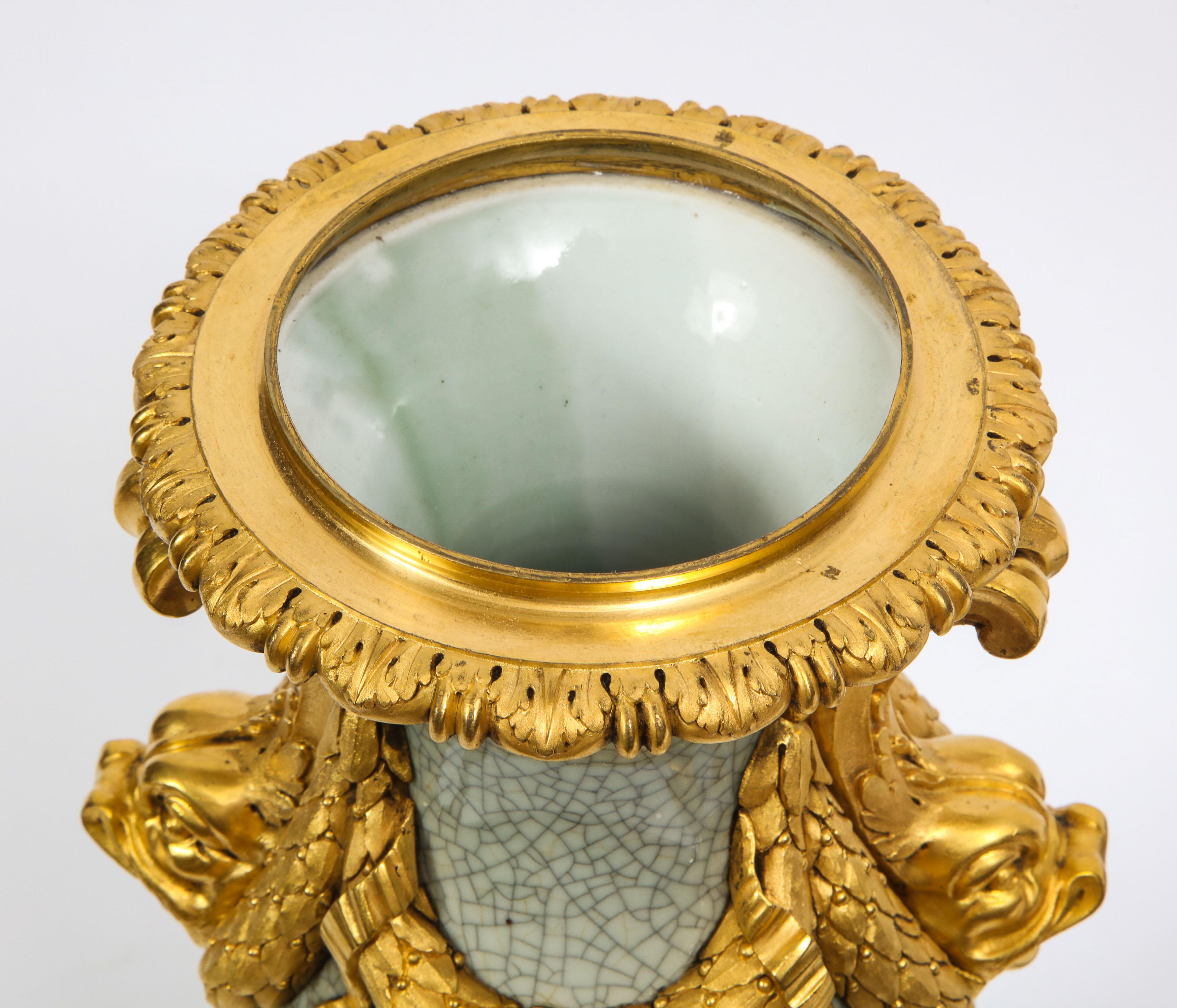 Louis XVI Ormolu-Mounted Chinese Celadon Crackle Vases with Dolphin Handles For Sale 1