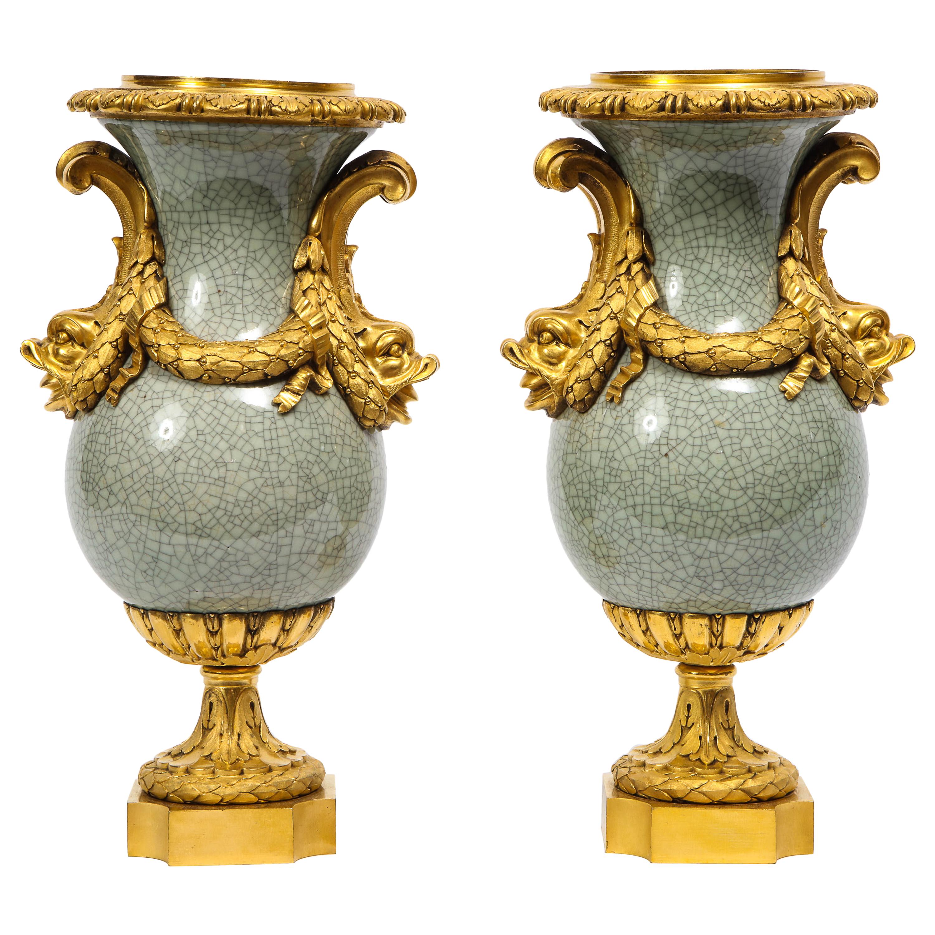 Louis XVI Ormolu-Mounted Chinese Celadon Crackle Vases with Dolphin Handles For Sale