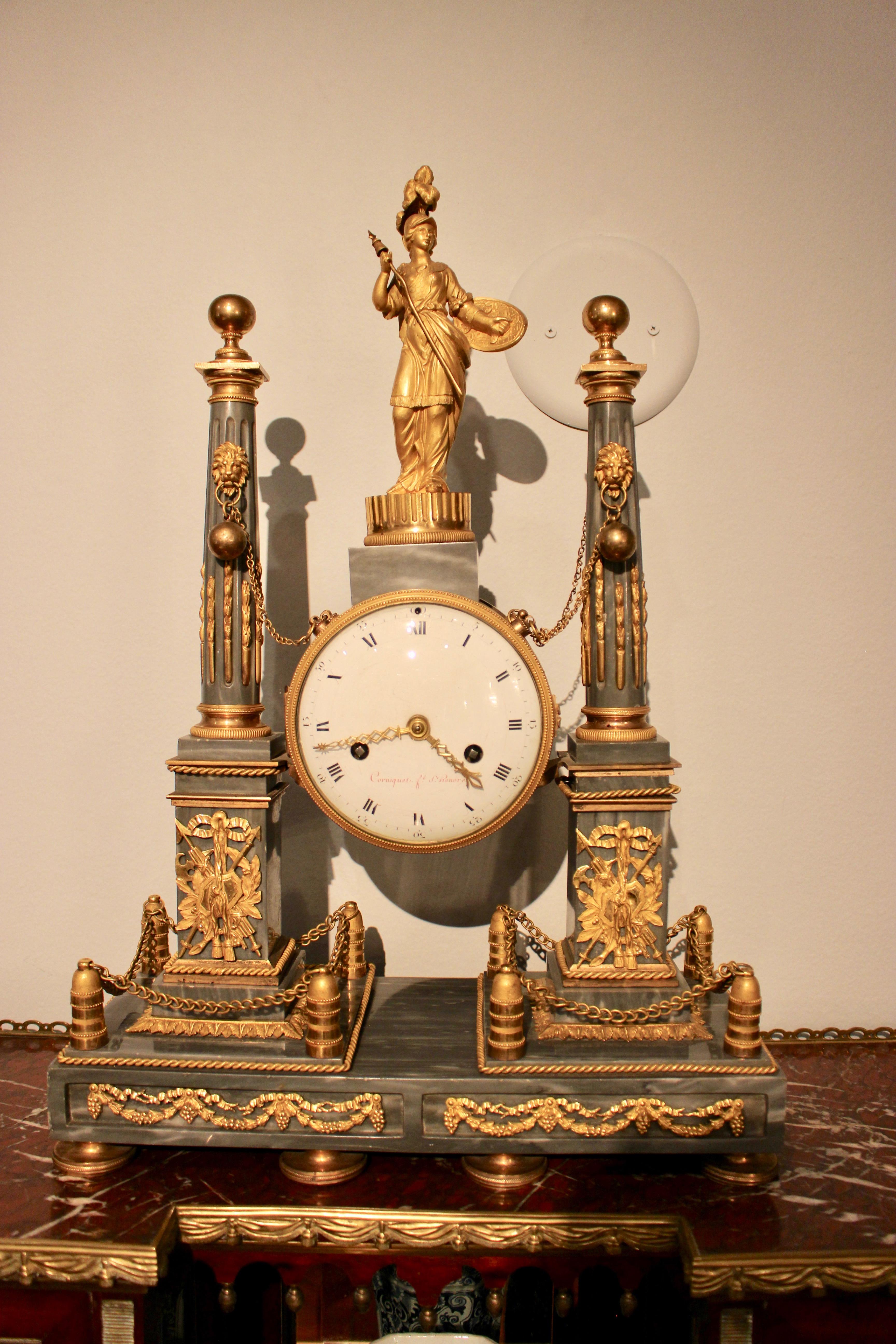 Louis XVI Ormulu-Mounted Blue Turquin Marble Portico Clock For Sale 2