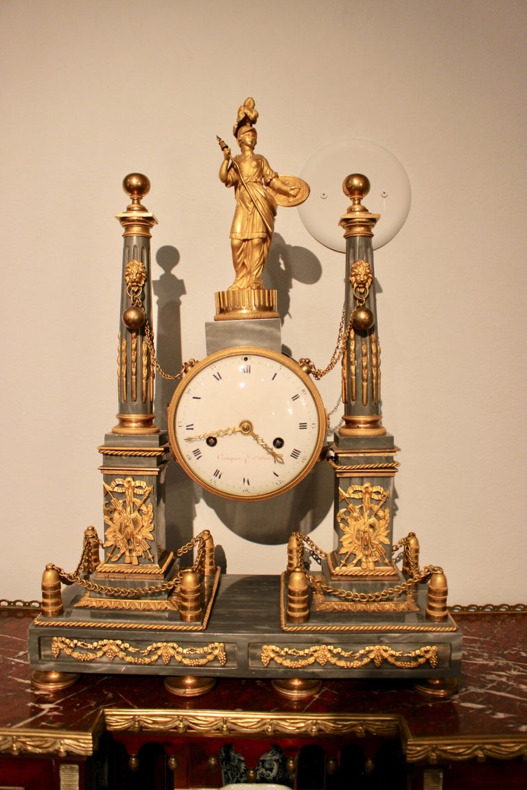 Louis XVI Ormulu-Mounted Blue Turquin Marble Portico Clock For Sale 3