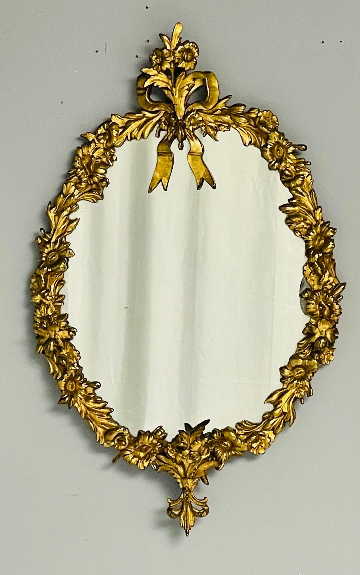Louis XVI, Oval Wall Mirrors, Floral Motif, Bronze, Carved Wood, France, 19th C In Good Condition For Sale In Stamford, CT