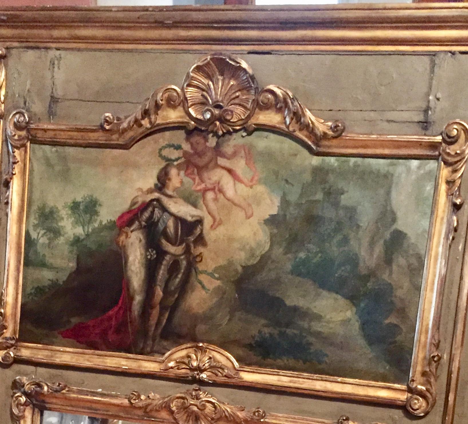 Louis XVI (looks more like Louis XV, but they were grandfather to grandson). Well-worn but sturdy (pegged joints). Grey paint seems original. Minor losses to decoration. Craquelure throughout oil inset. Crease across the top (through the