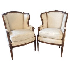 Louis XVI Pair 19th Century Beautifully Carved Wingback Walnut Armchairs
