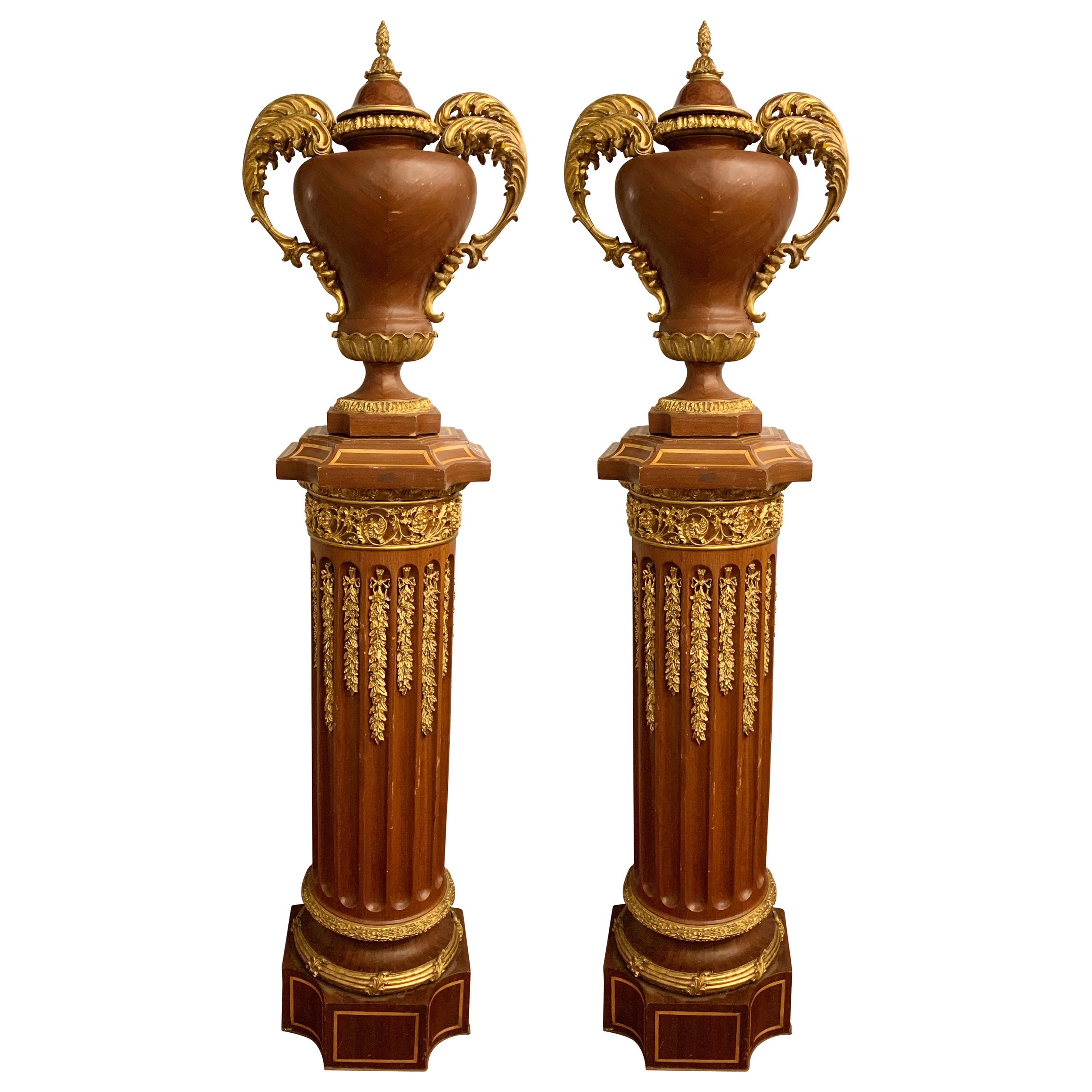 Louis XVI Pair of French circa 1950 Urns and Cover on Pedestals