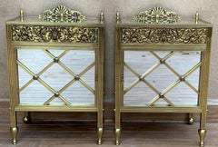 Louis XVI Pair of Bronze Vitrine Nightstands with Mirrored Doors and Drawer
