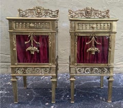 Louis XVI Pair of Bronze Vitrine Nightstands with Mirrored Doors and Drawer