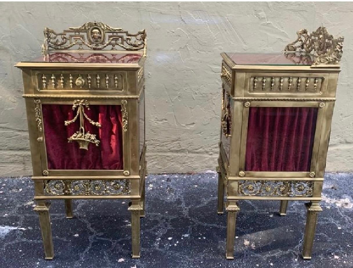 Louis XVI Pair of Bronze Vitrine Nightstands with Mirrored Doors and Drawer 2