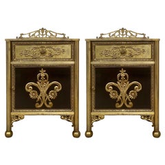 Antique Louis XVI Pair of Bronze Vitrine Nightstands with Mirrored Doors and Drawer