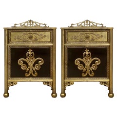 Louis XVI Pair of Bronze Vitrine Nightstands with Mirrored Doors and Drawer