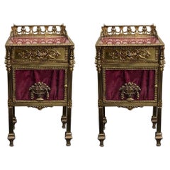Antique Louis XVI Pair of Bronze Vitrine Nightstands with Mirrored Doors and Drawer